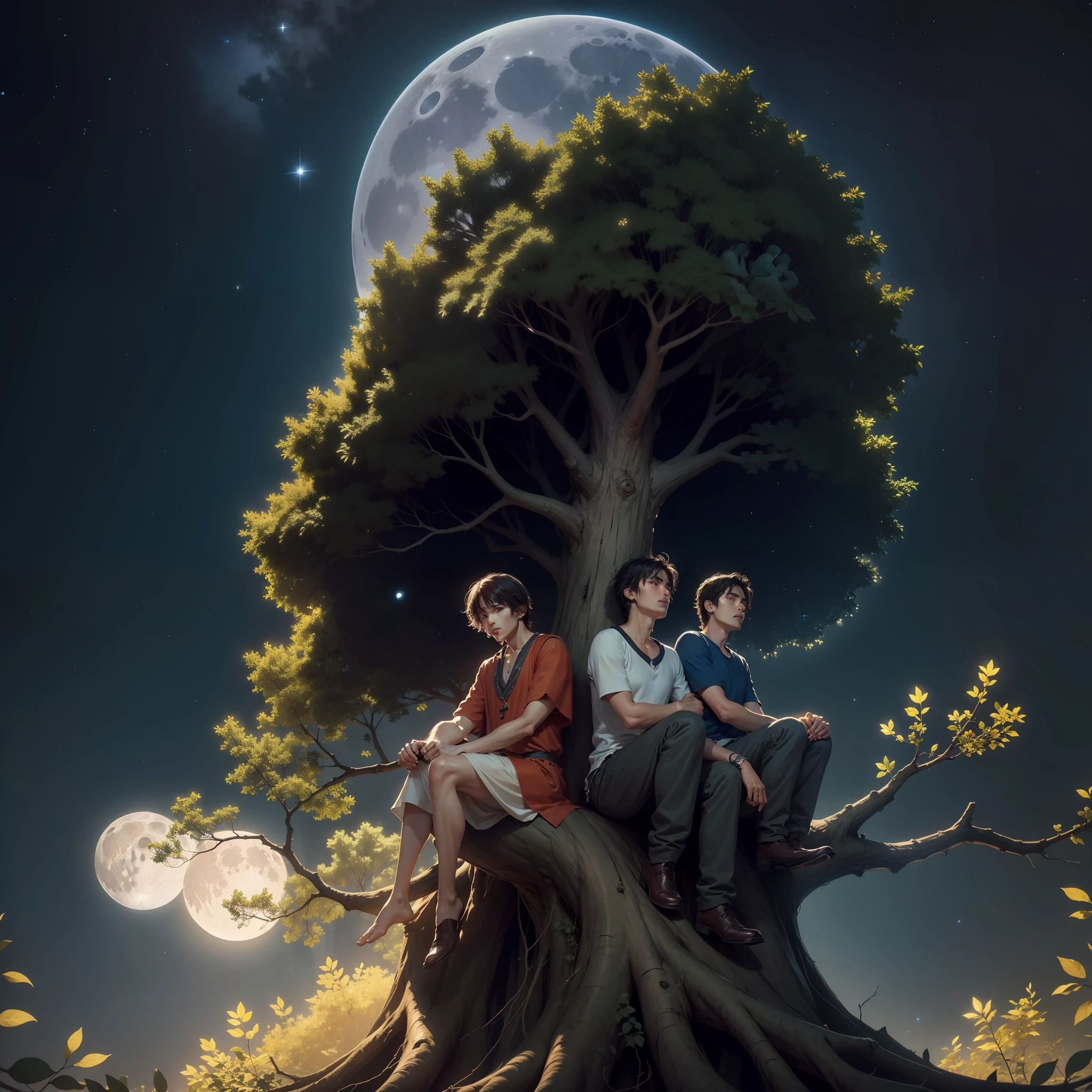 A three man sitting on the tree branch in a dark night with full of stars and big moon