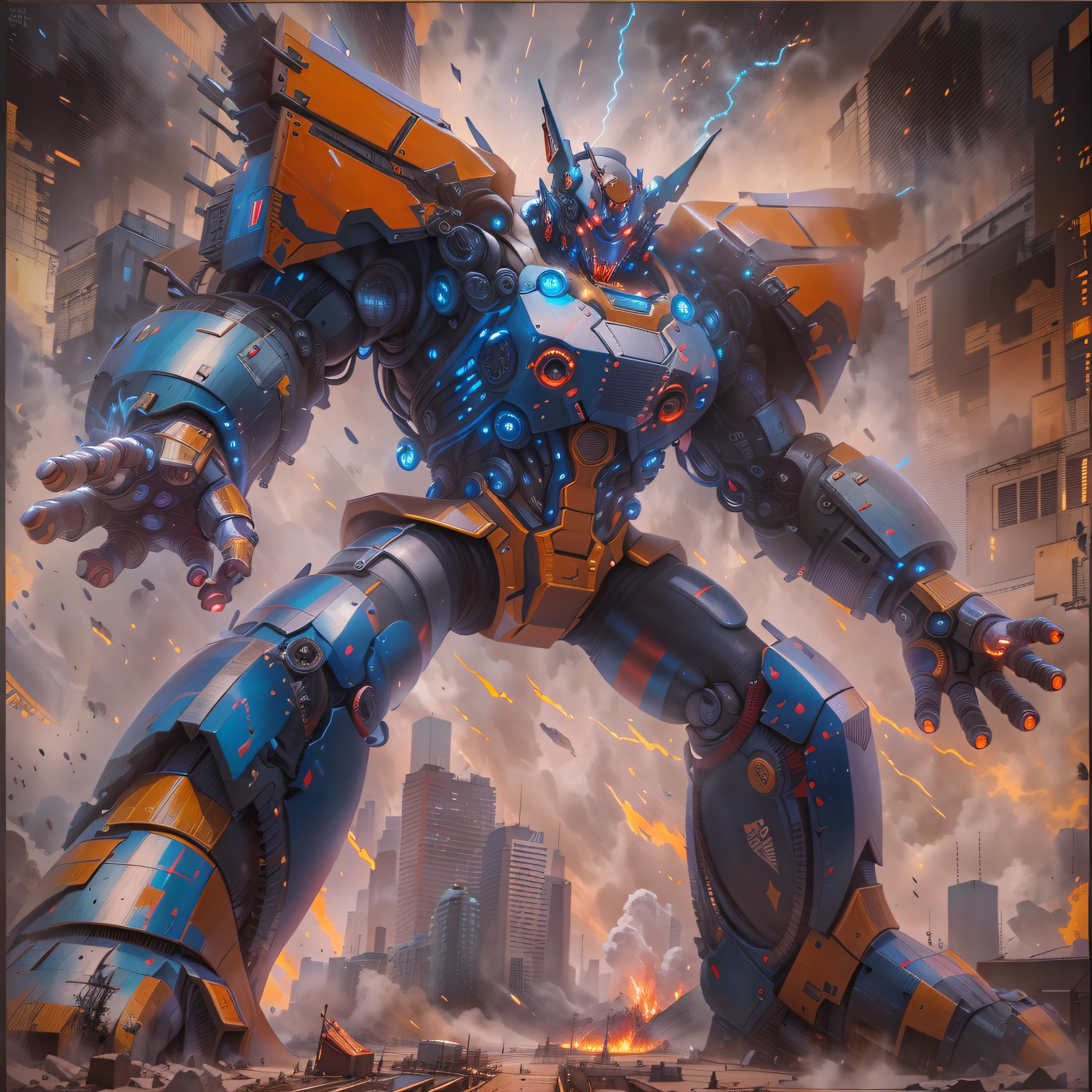 An incredible color aerial view daguerrotype of realistic looking Mazinger Z. a towering giant robot, standing at 20 meters tall. It boasts a powerful and robust frame, adorned with vibrant red and blue colors. Its head features a horn-like crest and glowing eyes. With rocket-powered fists and energy-based laser cannons, it's a formidable force. Dynamic visual effects, like flames and sparks, highlight its immense power. It represents strength, courage, and unwavering determination in the face of adversity. He is fighting against a Kaiju, a horrid intergalactic outer space foul ogre in the middle of Tokio, Japan, in 1973. You can see the perfect details in his body made of a rare metal alloy. Encaustic
