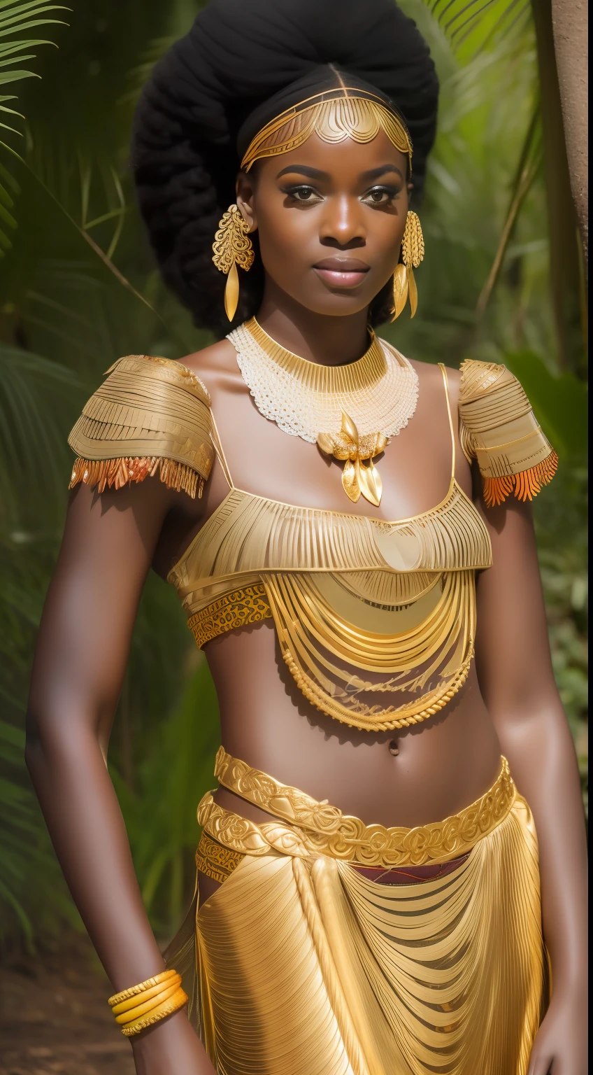 Orisha oxum, Deusa africana, African accessories, Skirt with conch shells, cinto dourado, colares Zulu, Nigeria, inspirada em Hale Bailey, cachoeira, lilies, Afrofuturismo, misticismo, African culture, tribal makeup, Orisha oxum, with necklace around African style, with bare breasts adorned with golden bracelets;, saia longa dourada, belt with gold coins and whelks, braided hair and mirror in hand in a waterfall with white lilies on feet,