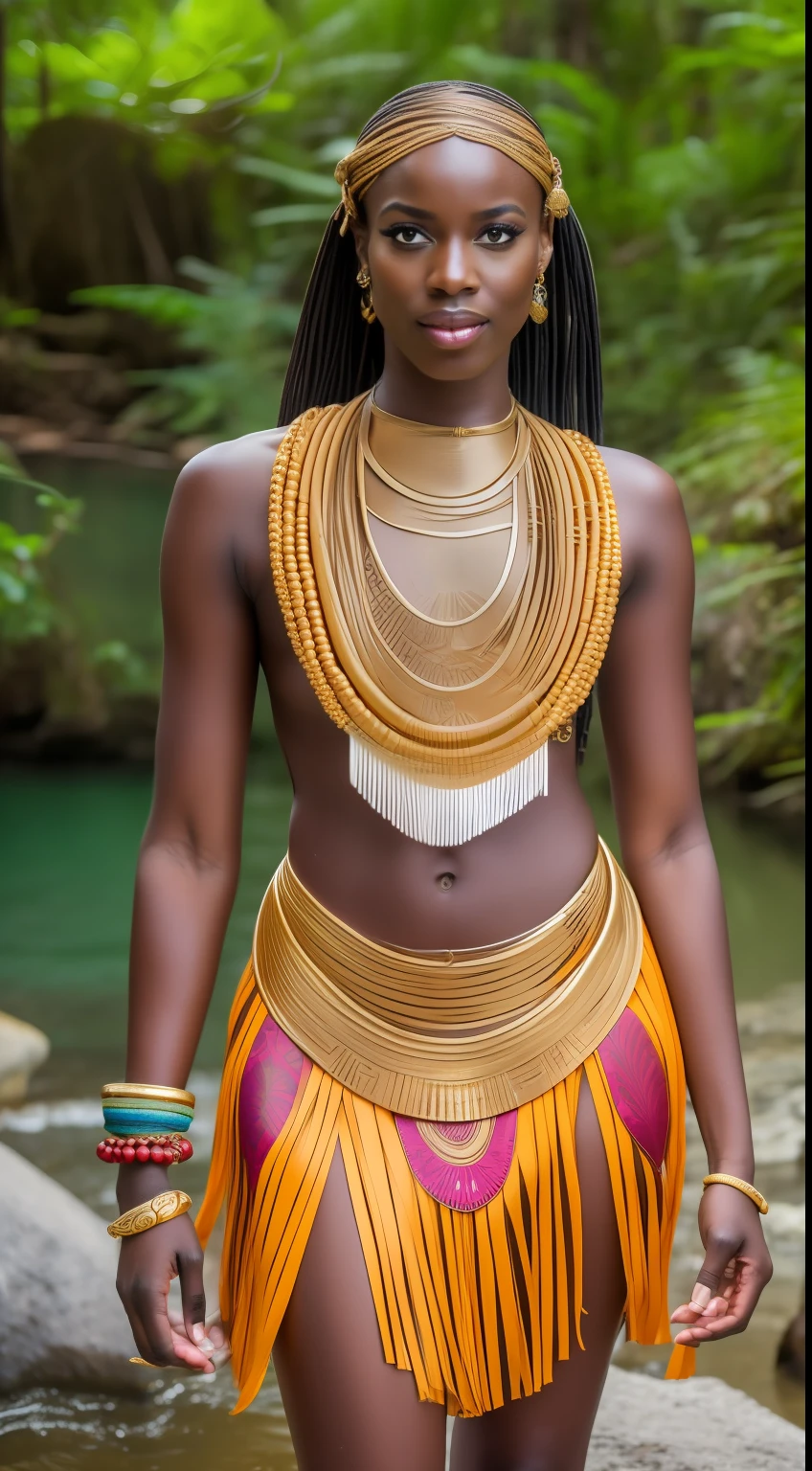 Orisha oxum, Deusa africana, African accessories, Skirt with conch shells, cinto dourado, colares Zulu, Nigeria, inspirada em Hale Bailey, cachoeira, lilies, Afrofuturismo, misticismo, African culture, tribal makeup, Orisha oxum, with necklace around African style, with bare breasts adorned with golden bracelets;, saia longa dourada, belt with gold coins and whelks, braided hair and mirror in hand in a waterfall with white lilies on feet,