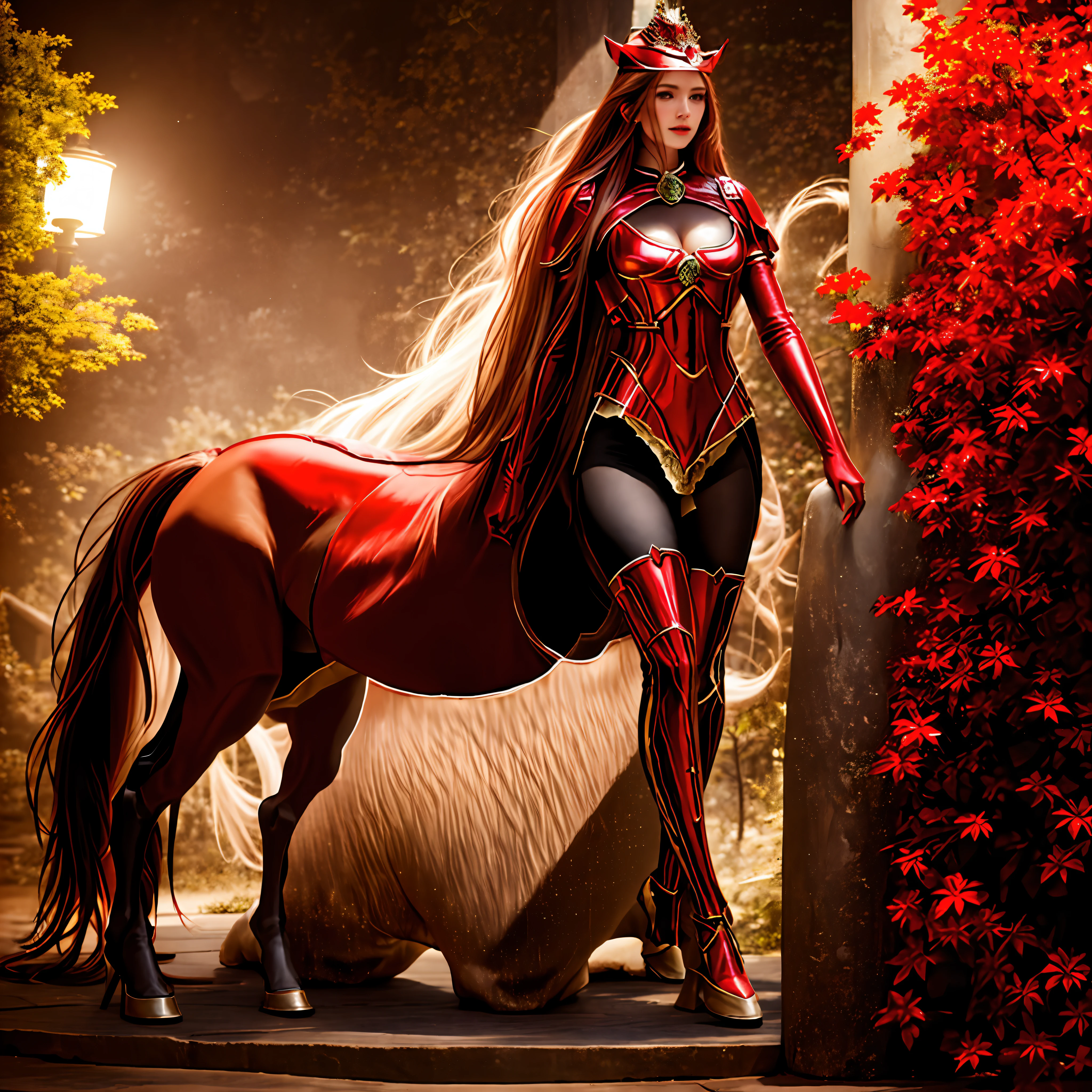There was a woman dressed in red standing next to a horse, anthropomorphic mare, (rendering by octane) Fantasy style, stuning fantasy 3 d render, lady in red armor, fantasy render, realistic fantasy rendering, 3 D rendering character art 8 K, 3 d goddess minerva, centaur horse, centaur horse, of a beautiful female knight