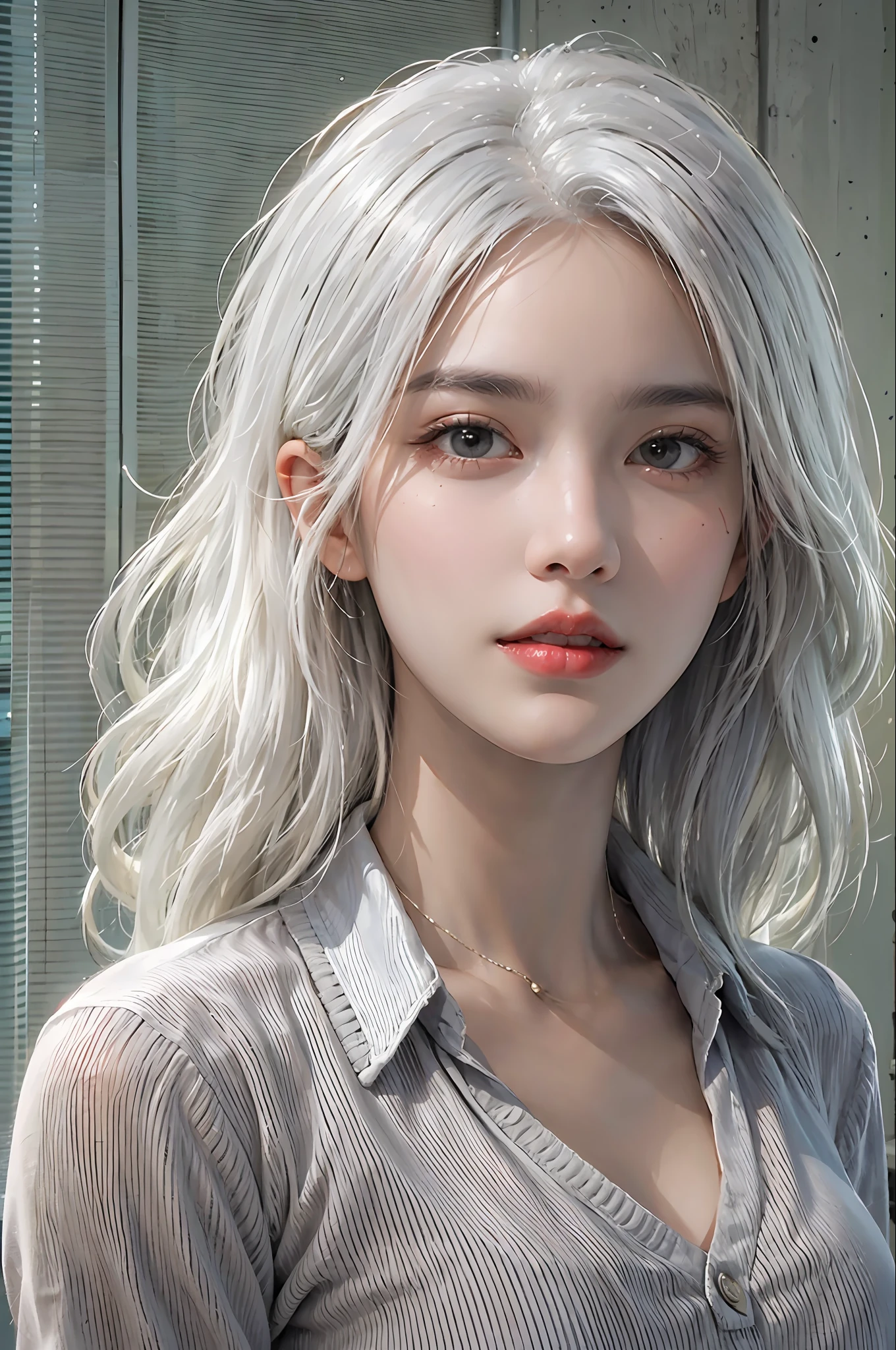 photorealistic, high resolution, 1women, solo, hips up, look at viewer, (detailed face), white hair, long hair, teacher clothes