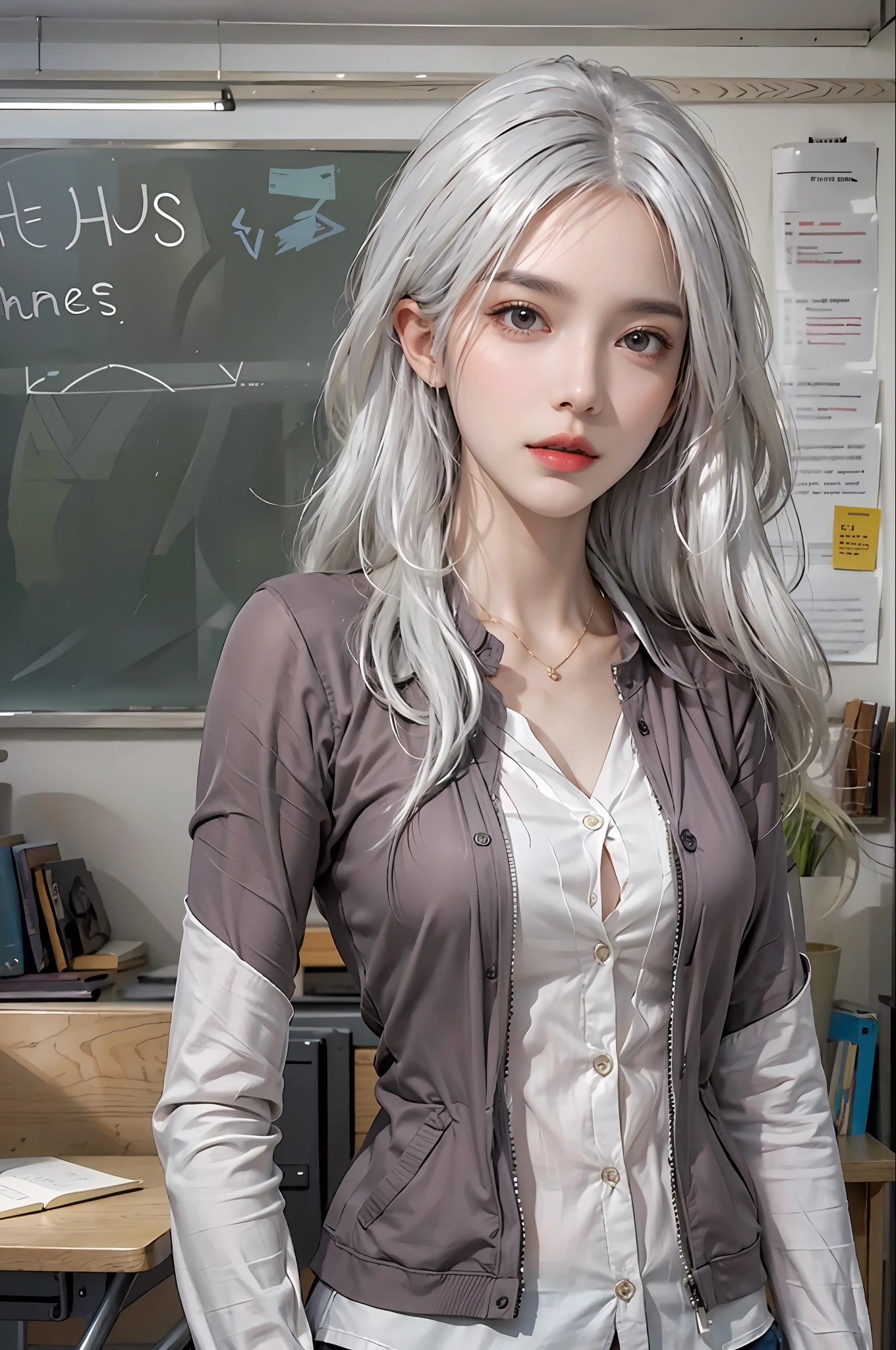 photorealistic, high resolution, 1women, solo, hips up, look at viewer, (detailed face), white hair, long hair, teacher clothes