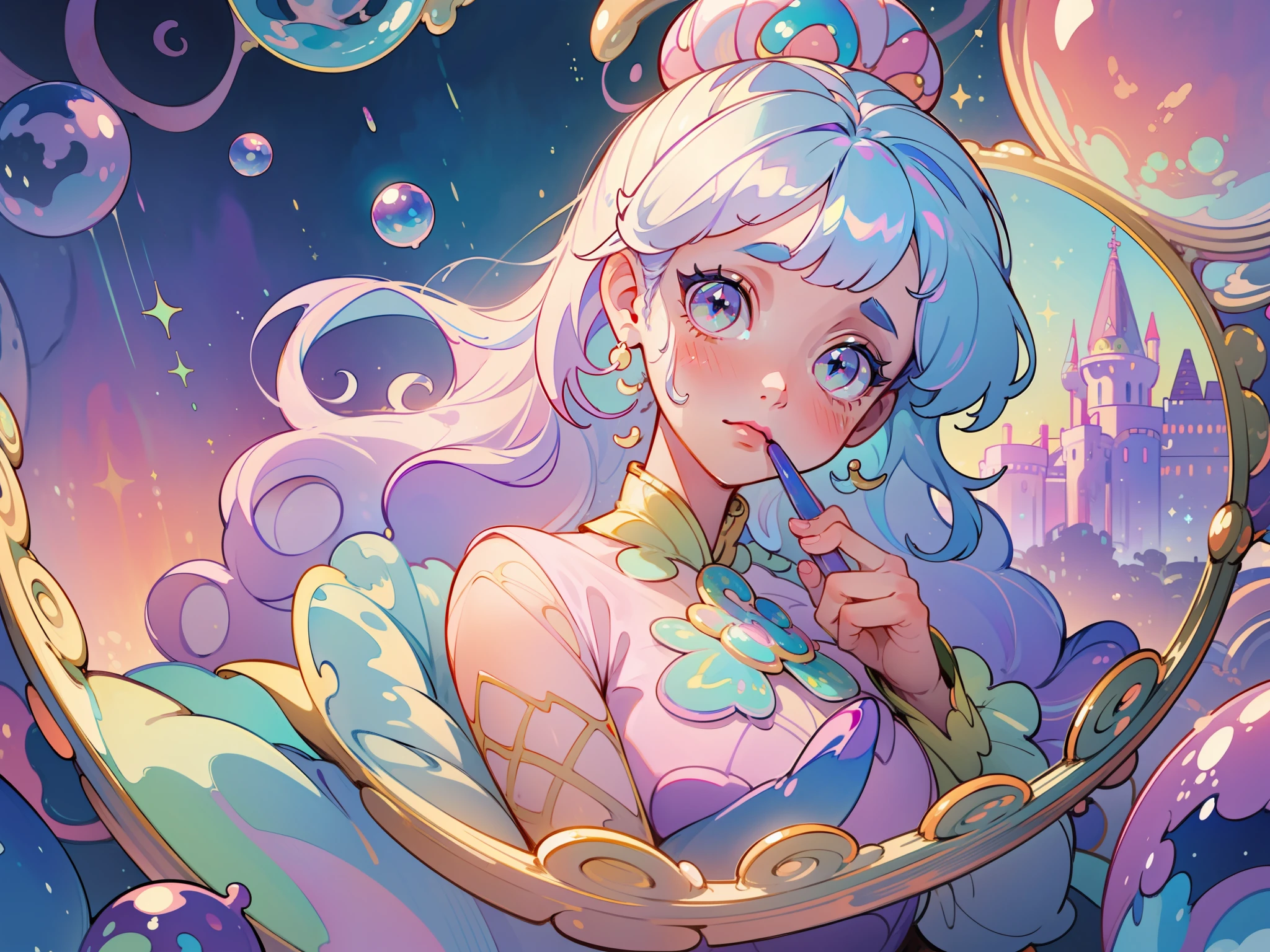 masterpiece, best quality, 8k resolution, sharp focus, intricate detail, beautiful girl, sparkling eyes, golden ratio face, otherworldly liquid, watercolor, ((pastel colors)), bright colors, whimsical, colorful, sharp focus, high resolution, fine detail, princess fantasy ballgown, ((round eyes)), iridescent bubbles, castle landscape in background