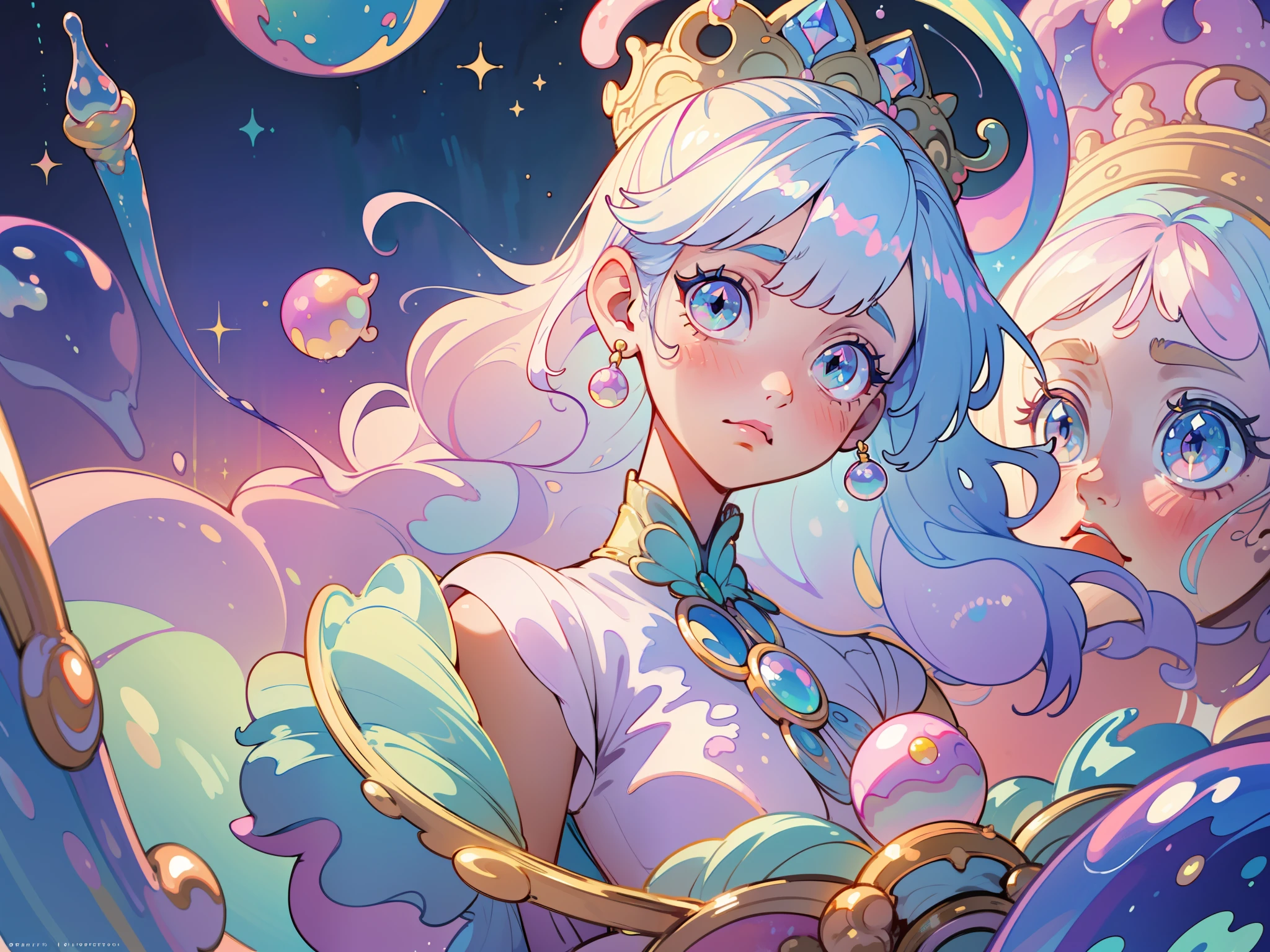 masterpiece, best quality, 8k resolution, sharp focus, intricate detail, beautiful girl, sparkling eyes, golden ratio face, otherworldly liquid, watercolor, ((pastel colors)), bright colors, whimsical, colorful, sharp focus, high resolution, fine detail, princess fantasy ballgown, ((round eyes)), iridescent bubbles, castle landscape in background