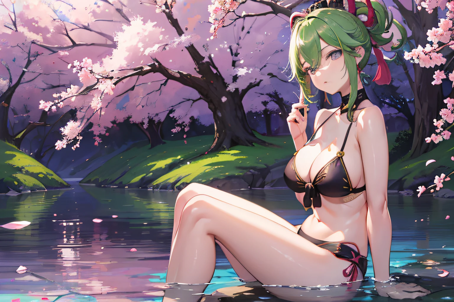 (NSTDA.:1.2), (10, beste-Qualit, master-piece: 1.4), ultra-high resolution, (lifelike, photorealistic portrait: 1.48), 20 age, Cute Girl, (See through the bikini beetle), Famous Japanese actors, beautiful clear eyes, G Cup Big Breasts, Head tilt., cowboy shot, from the side, looking at the audience, expressionless, Beautiful lake, Zeiss 150mm F/ 2.8 Hasselblad, Beautiful cherry blossom forest, Whole body, foot, Ultra-Wide Angle, The backyard is a beautiful sea................................................ ,