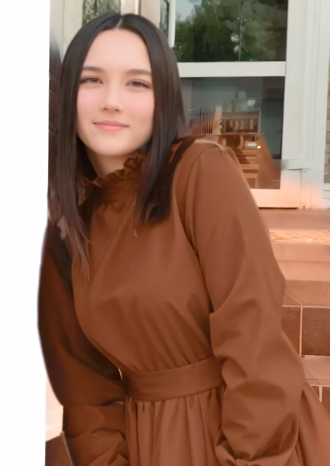 On the step is a woman in a brown dress, Brown dresses, in brown clothes, profile pic, profile shot, In brown, with brown hair, centre image, in a brown cape, leaked image, photo portrait, brown jacket with long sleeves