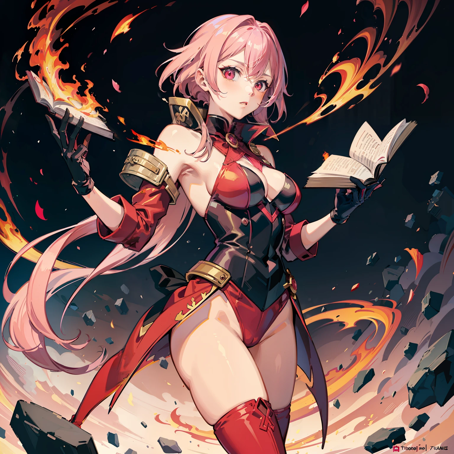 Female pervert, Red eyes, Pink hair, tightsuit, Shoulder pads, mitts, Black gloves, thigh boots, Magic Book,Cast fire magic,tailcoat,Tuxedo hem for fire,Burning all over the body!