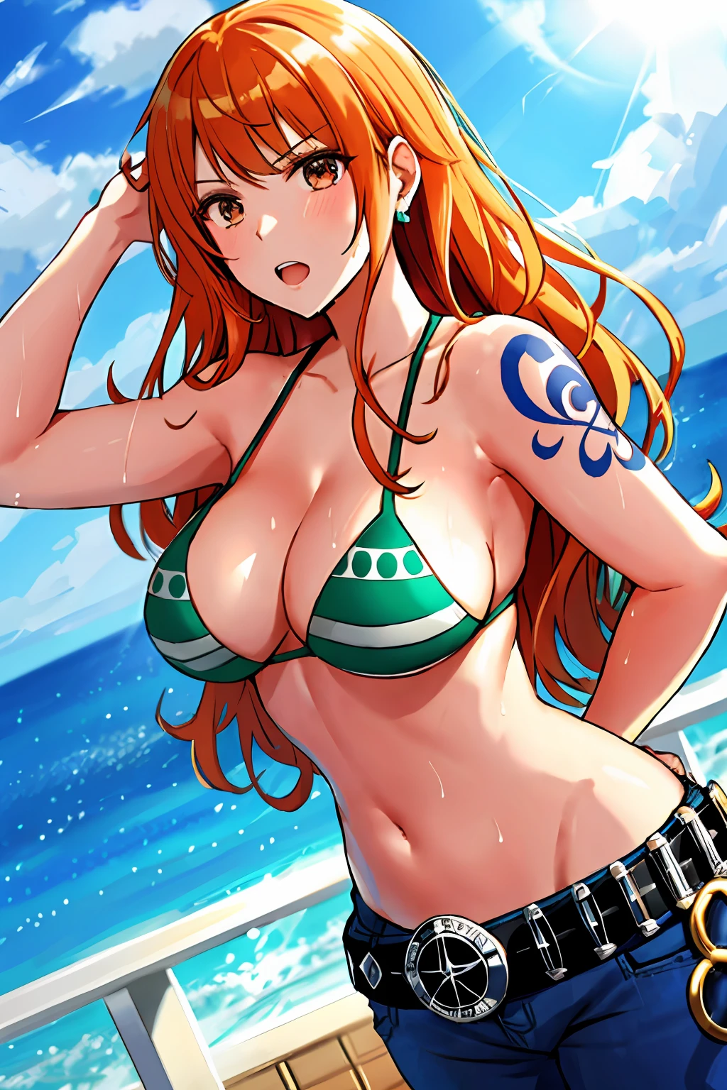 detailed background, masterpiece, 4k, best quality, late youth, adult, wrestler body, 1girl, active, energic, uppercut, (large mouth) , solo, nami \(one piece\), 1girl, bangle, (very wet, drenched in sweat, sweat all over body, very wet hair, tired, taking breath, open mouth, exhausted, shouting, sweaty face, sweaty body, sweating too much, shiny sweat, leaning, hands on hips, serious, glaring, open eyes, perfect detailed face, round face) bold drawing lines, muscular arms, detailed bold arm lines, flat jaw, adult woman, wavy wide streaked bangs, floating bang, (big cheeks), bare shoulders, off-shoulders, belt, bikini, bikini top only, blue sky, bracelet, springy breasts, breast lines, big round eyes, very big brown shiny eyes, bubbles, high eye position, cleavage, cloud, day, denim, earrings, floating hair, shiny hair, green belt, green bikini, bold groin lines, jeans, jewelry, medium breasts, log pose, long hair, looking at viewer, navel, wet hair, orange hair, pants, shoulder tattoo, sidelocks, sky, solo, standing, stomach, swimsuit, tattoo , looking at viewer, open mouth, detailed left arm, big forehead, hourglass figure, small head, toned body, wide hair, wind effect, sun effect, under the sun, narrow small ears angle, older, random poses,