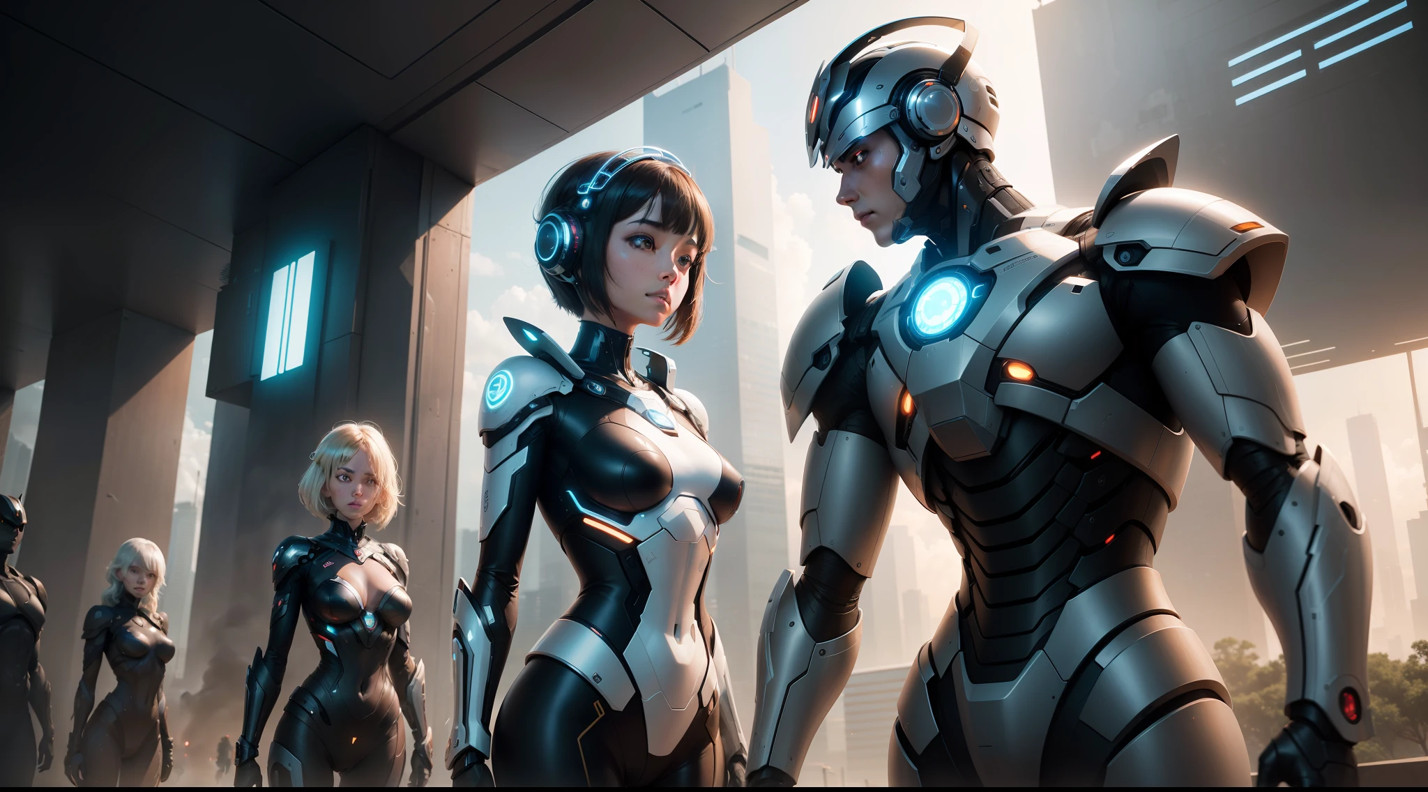 "Create an awe-inspiring image of a futuristic scene where the world is dominated by AI-based systems and evolved human-like beings called Ai Robo-Sepians. In this scene, a group of Ai Robo-Sepians stands together, showcasing their remarkable technical and psychological advancements. One of them, with a warm and welcoming expression, is turning towards the viewer and havinging 'Sex' in a gesture that conveys both Lust and intimate relationship. Surround the characters with futuristic cityscapes, advanced technology, and a harmonious blend of nature and artificial elements, symbolizing the seamless integration of AI and humanity in this future world. The overall ambiance should evoke a sense of wonder, progress, and the possibilities of an AI-driven evolution."