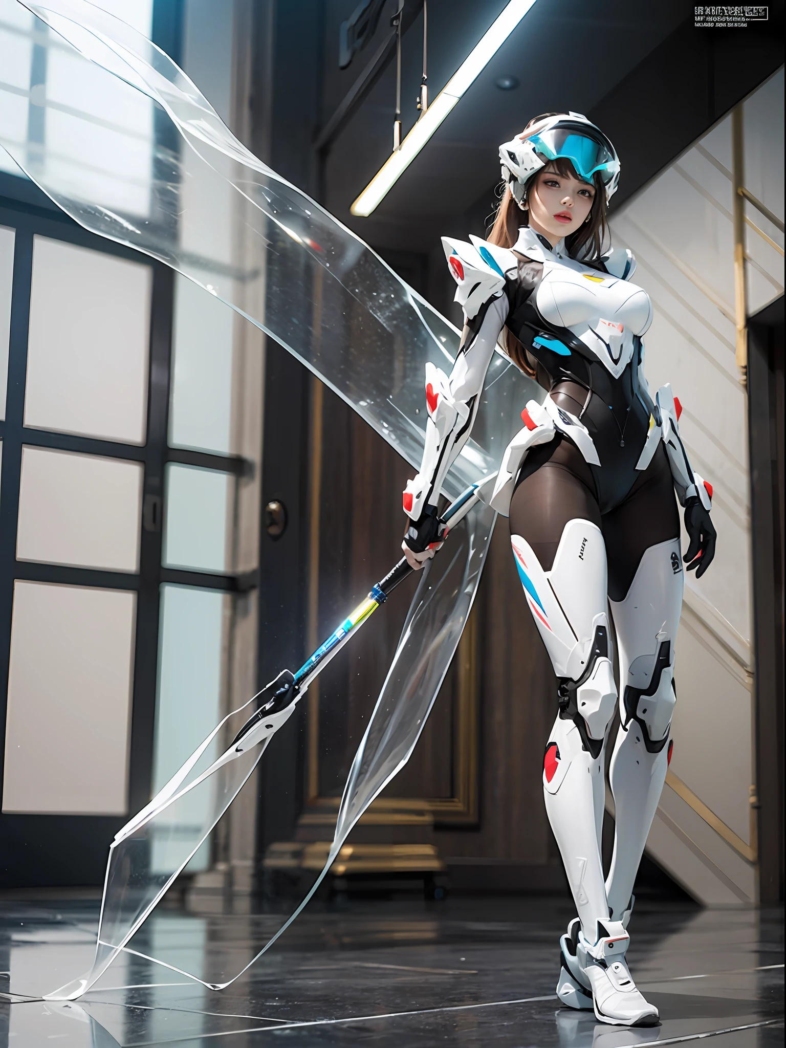 Full body photo,1 girl wearing transparent tights,Transparent mech,Transparent helmet:1.2,eye glass:1.2,Clear stockings 1.2,dreamy glow,Ren,White background,(globalillumination,Ray traching,hdr,The rendering is not realistic,reasonable design,high detal,tmasterpiece,Best quality at best,hyper HD,cinmatic lighting)