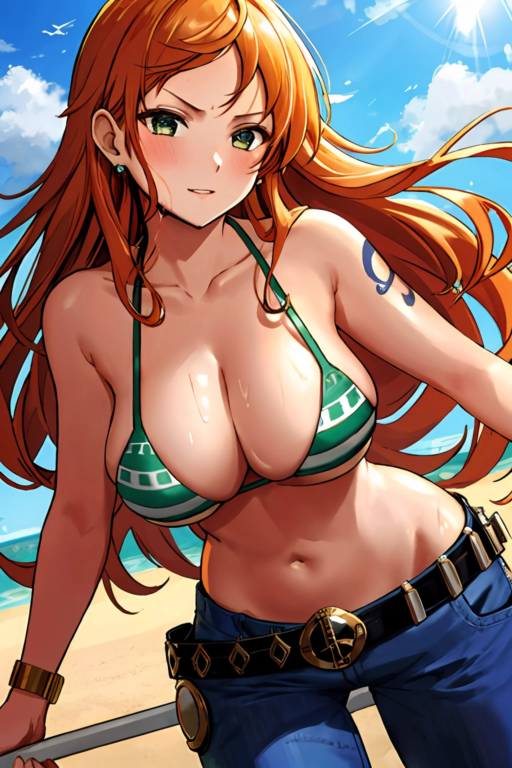 detailed background, masterpiece, 4k, best quality, late youth, adult, wrestler body, 1girl, active, energic, uppercut, (large mouth) , solo, nami \(one piece\), 1girl, bangle, (very wet, drenched in sweat, sweat all over body, very wet hair, tired, taking breath, open mouth, exhausted, shouting, sweaty face, sweaty body, sweating too much, shiny sweat, leaning, hands on hips, serious, glaring, open eyes, perfect detailed face, round face) bold drawing lines, muscular arms, detailed bold arm lines, flat jaw, adult woman, wavy wide streaked bangs, floating bang, (big cheeks), bare shoulders, off-shoulders, belt, bikini, bikini top only, blue sky, bracelet, springy breasts, breast lines, big round eyes, very big brown shiny eyes, bubbles, high eye position, cleavage, cloud, day, denim, earrings, floating hair, shiny hair, green belt, green bikini, bold groin lines, jeans, jewelry, medium breasts, log pose, long hair, looking at viewer, navel, wet hair, orange hair, pants, shoulder tattoo, sidelocks, sky, solo, standing, stomach, swimsuit, tattoo , looking at viewer, open mouth, detailed left arm, big forehead, hourglass figure, small head, toned body, wide hair, wind effect, sun effect, under the sun, narrow small ears angle, older, random poses,