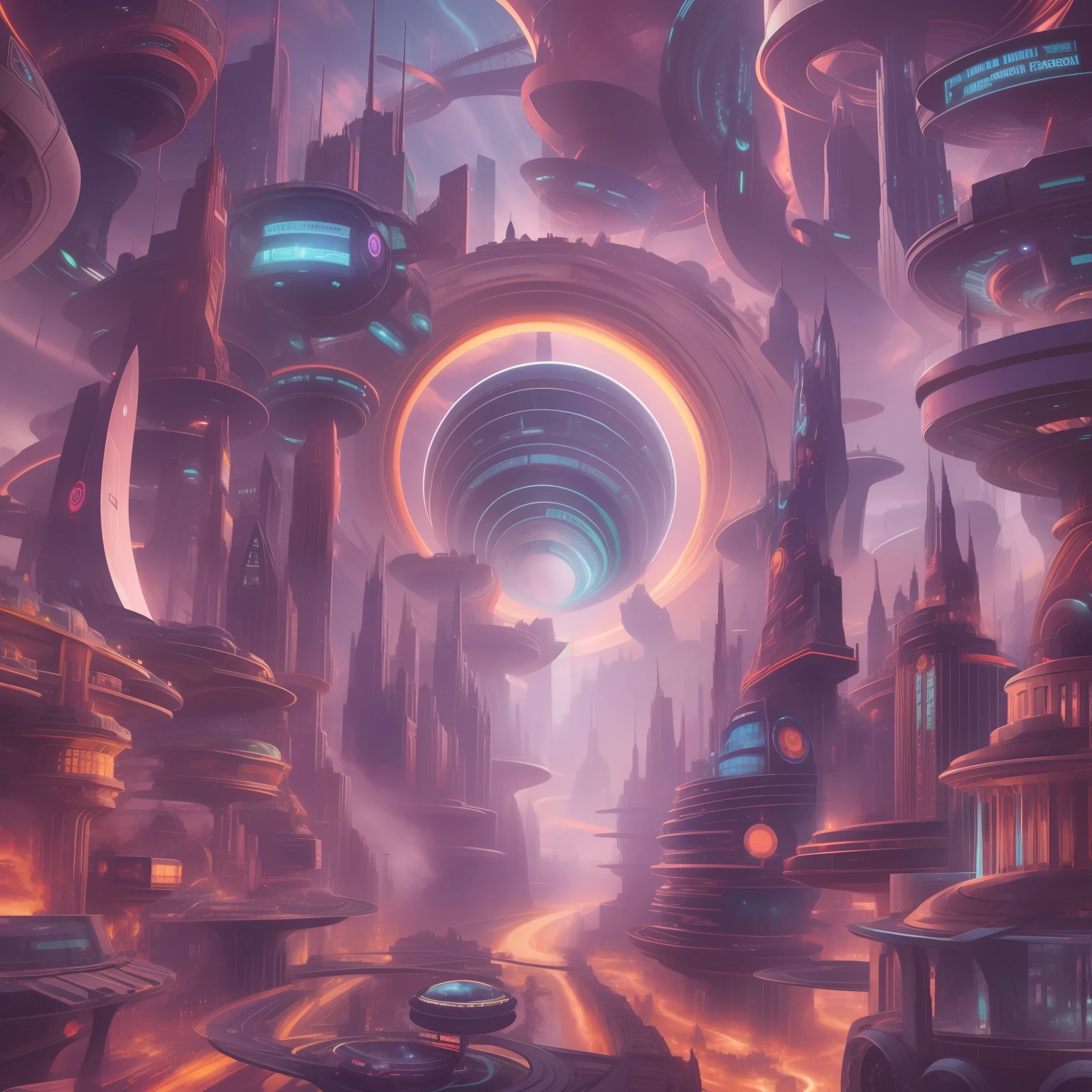 A futuristic cityscape, with a time machine in the center, surrounded by a swirling vortex of energy.