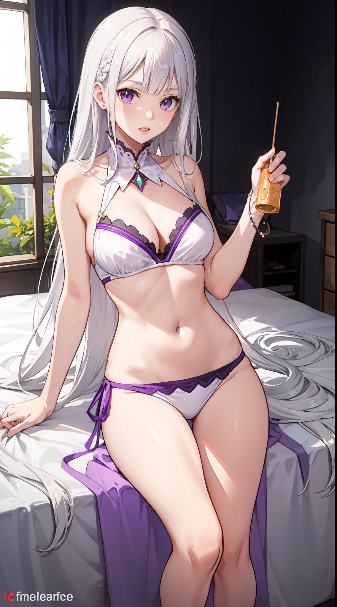 slim legs, cleavage, short skirt, navel, purple eyes, emilia, stand, White hair, long hair, side tie bikini