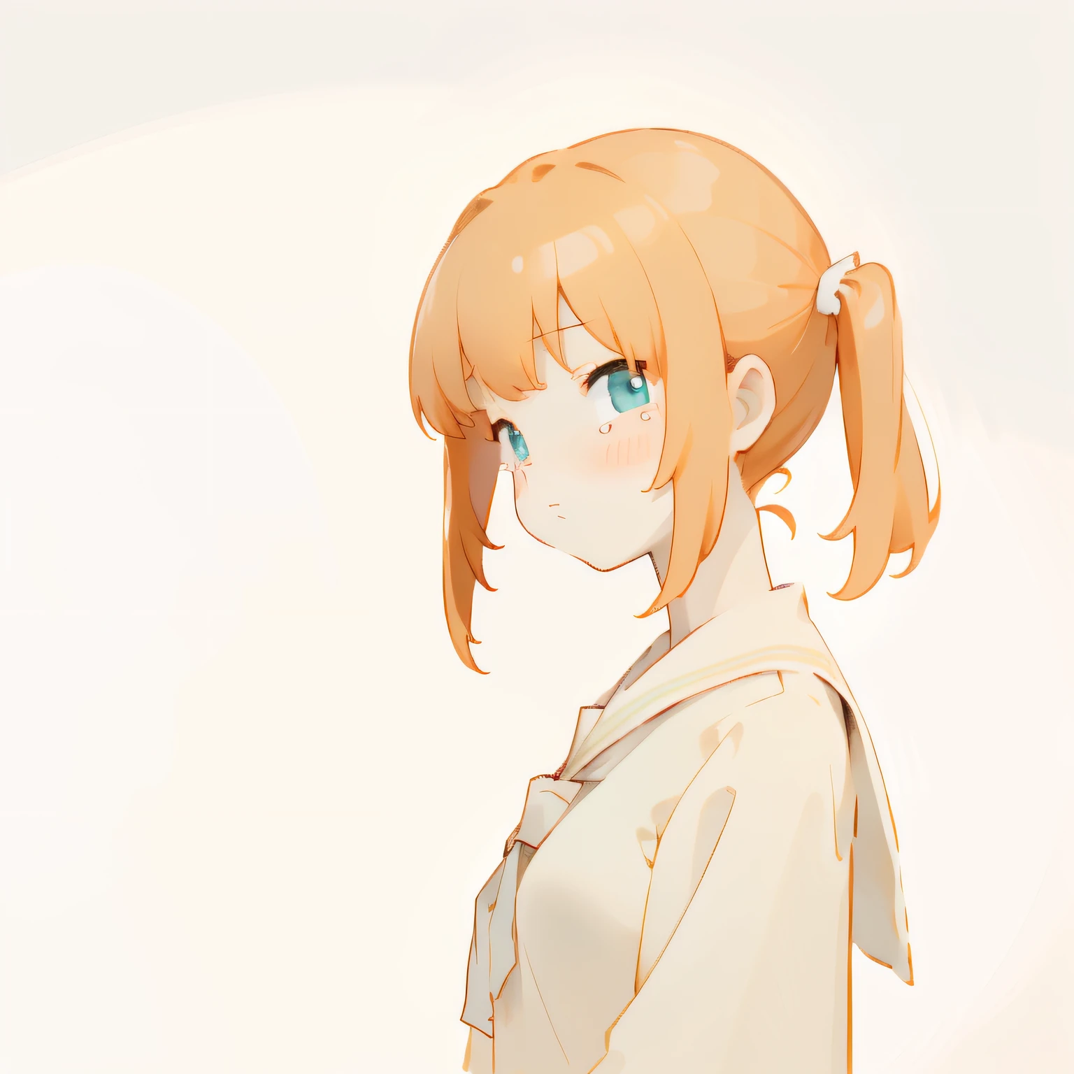 abstract illustration, natural color, low contrast, simple white background, best light, best shadow, beautiful illumination, best quality, masterpiece, simple structure, high resolution, 1girl, solo, from the left side, watch viewer, school uniform, cardigan, long orange hair, twin tail hair, white ribbon, watery eyes, crying face, Watery eyes, blush, small mouth,