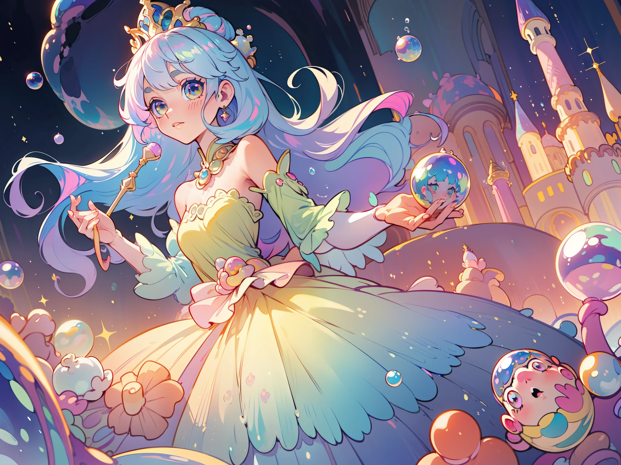masterpiece, best quality, 8k resolution, sharp focus, intricate detail, beautiful girl, sparkling eyes, golden ratio face, otherworldly liquid, watercolor, ((pastel colors)), bright colors, whimsical, colorful, sharp focus, high resolution, fine detail, princess fantasy ballgown, ((round eyes)), iridescent bubbles, castle landscape in background