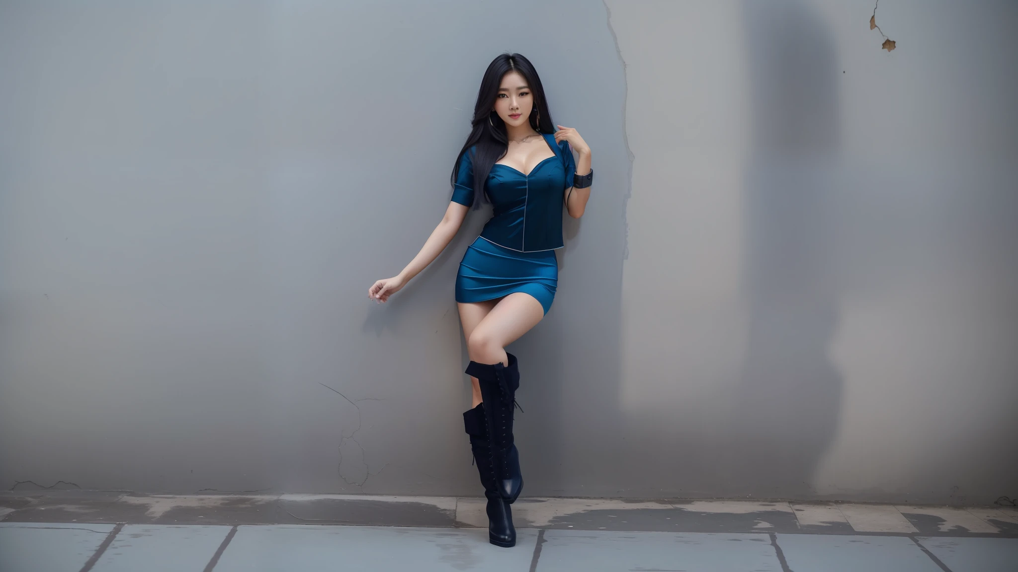 Mulher jovem, bonita, rosto perfeito, saia curta azul e top preto, top com decote, cleavage, botas pretas, roupas curtas, abdome exposto, abdome fino, encostado em uma parede cinza, Mulher sul-coreana bonita, linda mulher coreana jovem, cabelos loiros, coreana, Modelo de moda feminina coreana, Jiyun Chae, azul e preto, Parque Ji-min, mulher coreana jovem bonita, Ayami, Heonhwa Choe, azul quente e preto, Mulher coreana, Hwang SE - EM
