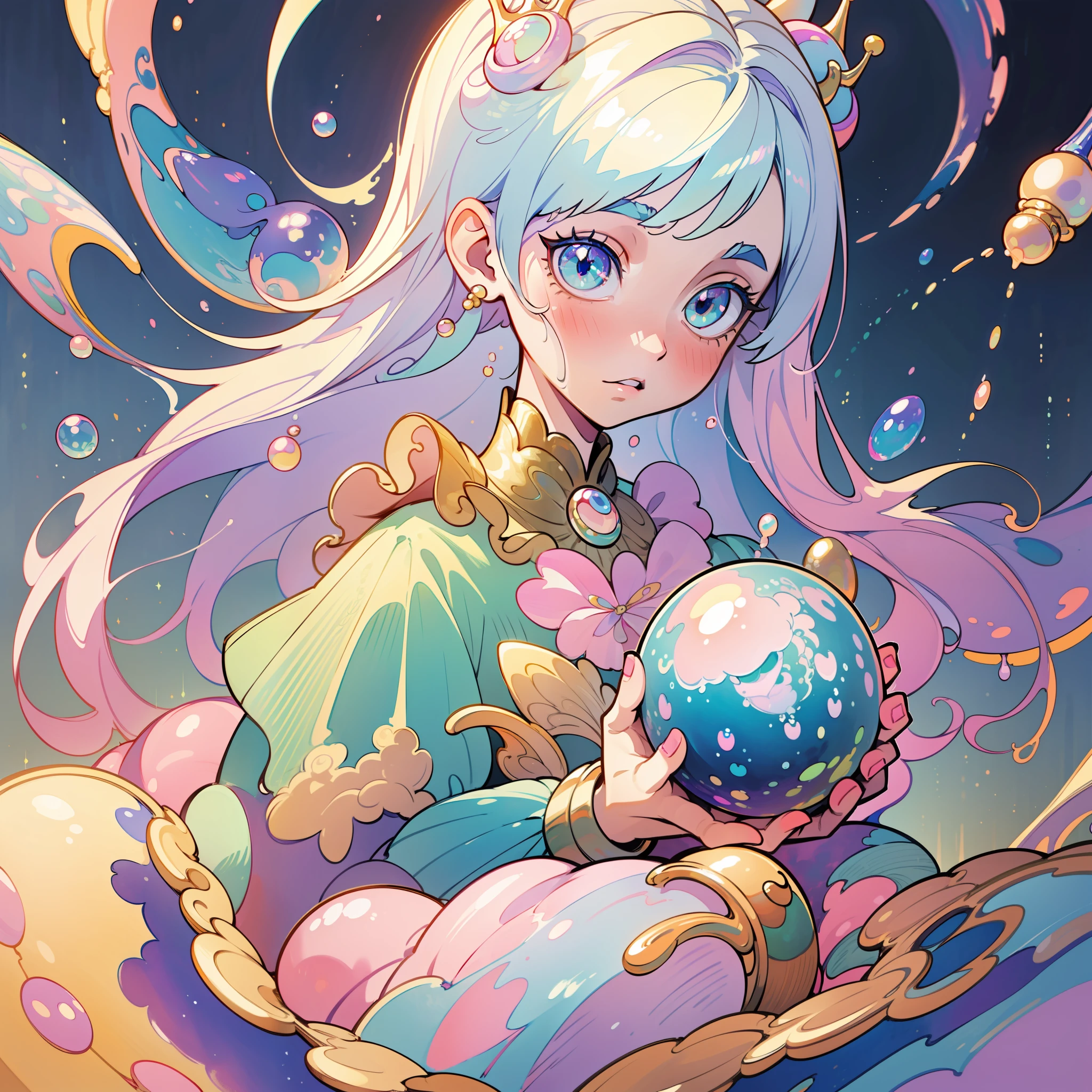 masterpiece, best quality, 8k resolution, sharp focus, intricate detail, beautiful girl, sparkling eyes, golden ratio face, otherworldly liquid, watercolor, ((pastel colors)), bright colors, whimsical, colorful, sharp focus, high resolution, fine detail, princess fantasy ballgown, ((round eyes)), iridescent bubbles, castle landscape in background