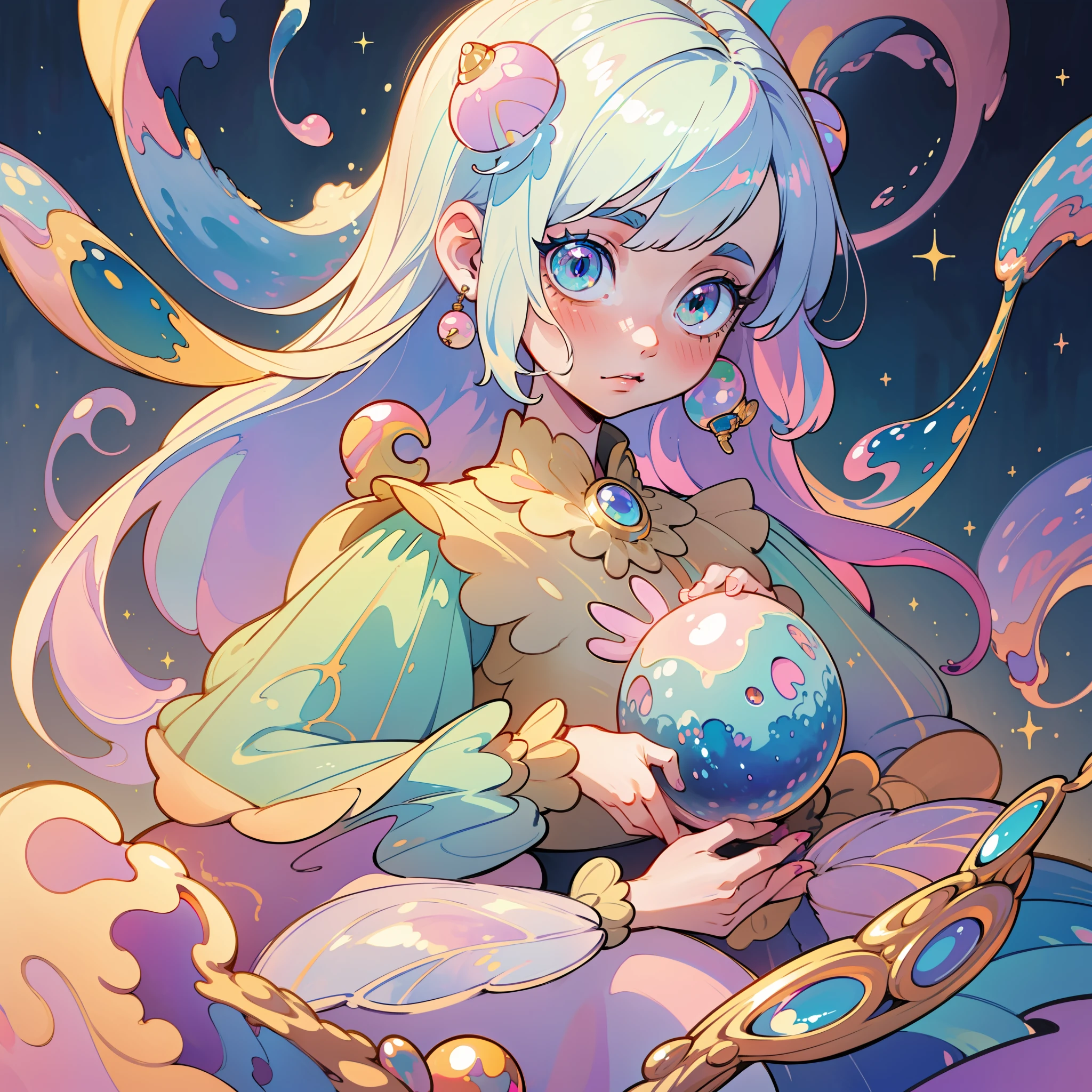 masterpiece, best quality, 8k resolution, sharp focus, intricate detail, beautiful girl, sparkling eyes, golden ratio face, otherworldly liquid, watercolor, ((pastel colors)), bright colors, whimsical, colorful, sharp focus, high resolution, fine detail, princess fantasy ballgown, ((round eyes)), iridescent bubbles, castle landscape in background