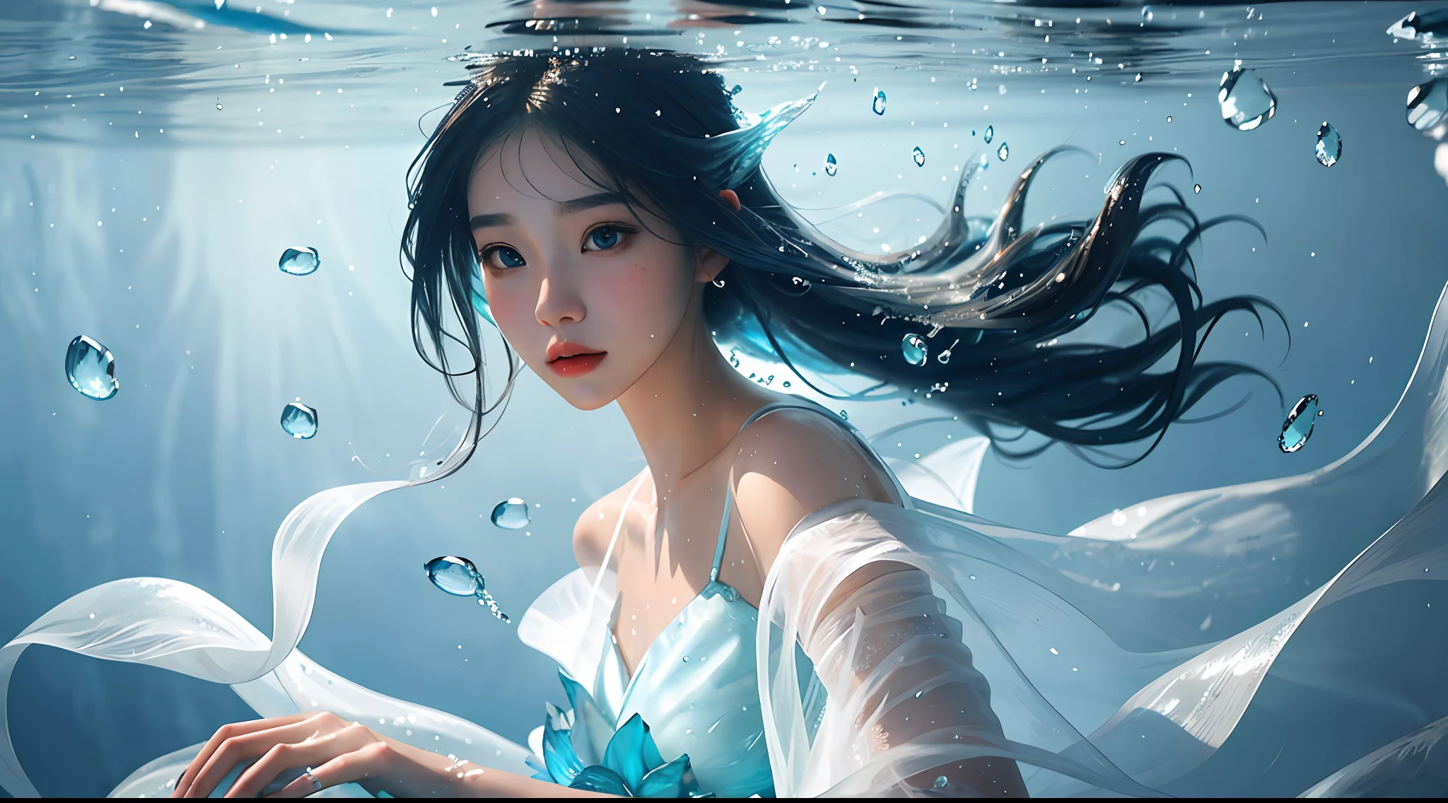 a close up of a woman in a white dress under water, wallpaper anime blue water, artwork in the style of guweiz, closeup fantasy with water magic, by Yang J, guweiz, a beautiful artwork illustration, water fairy, beautiful digital artwork, beautiful digital illustration, by Li Song, in the art style of bowater, beautiful anime portrait