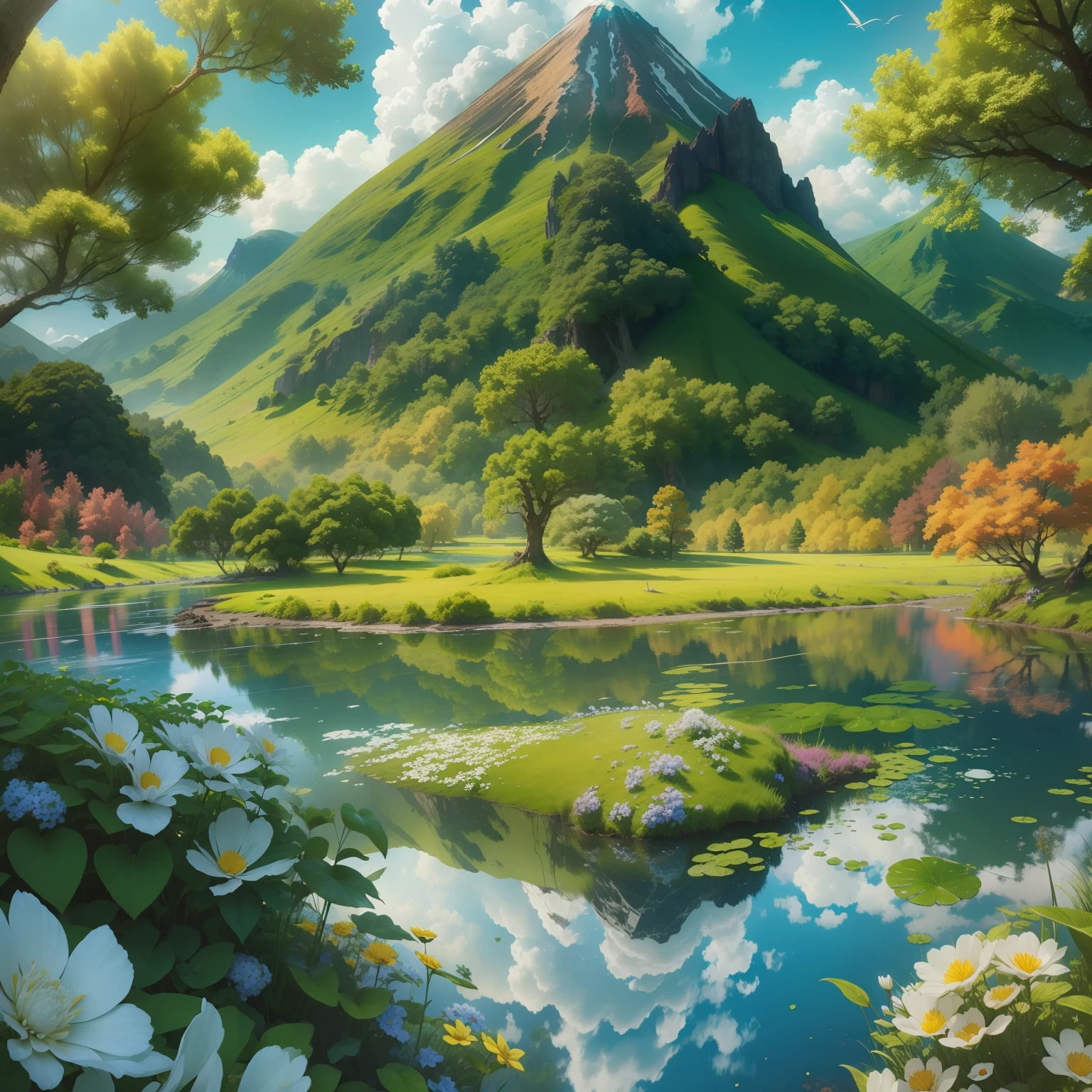 Blue sky，White clouds。A volcano that has cooled in the distance。Verdant woods，(Colorful flowers，Yellow-green meadow)。A huge lake，Brilliant and colorful reflections。8K,photorealistic realism,Top-notch photography angle,high detal,complexdetails,hyper HD,best qualtiy,(​master piece)