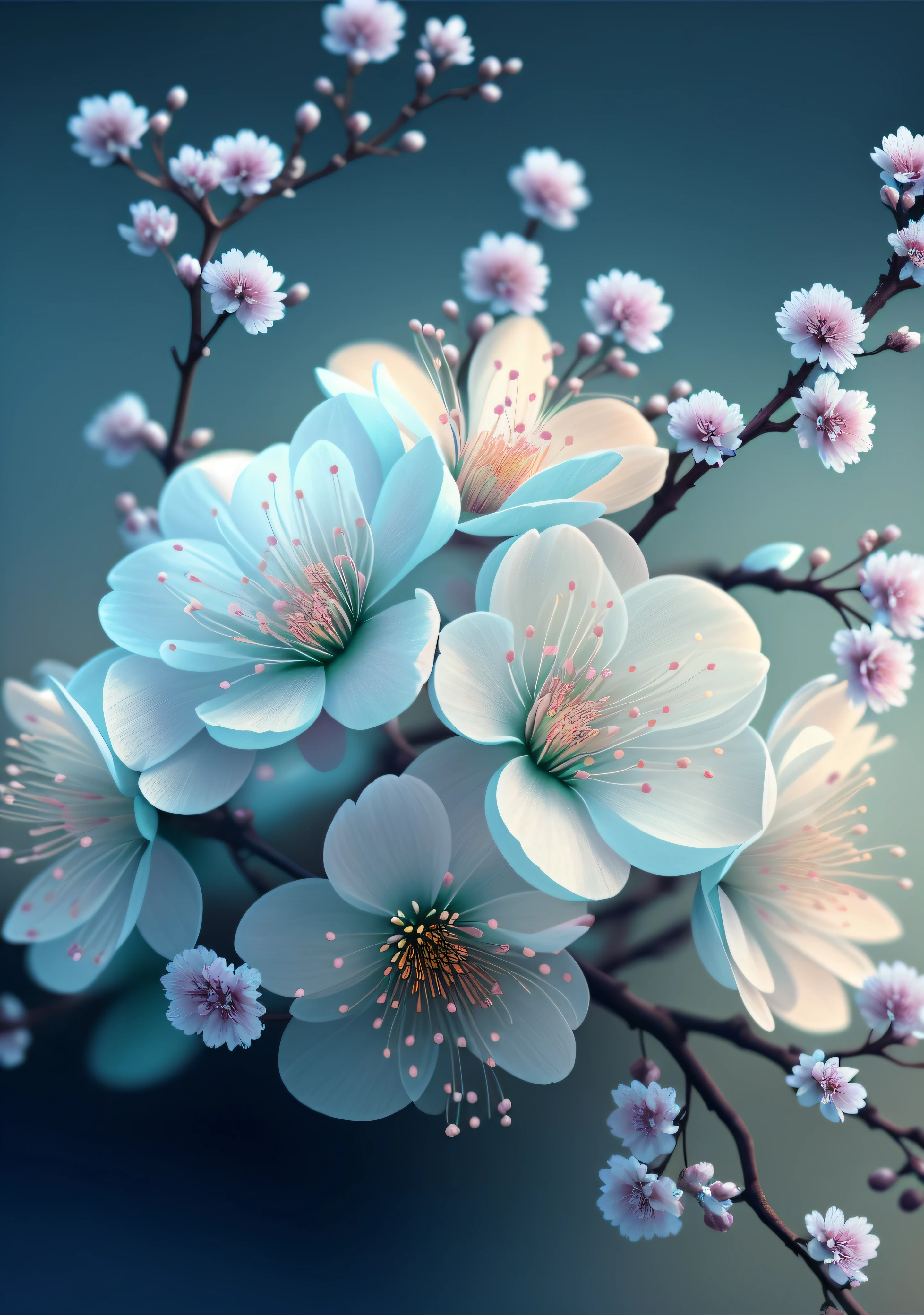 there is a close up of a bunch of flowers on a branch, paul barson, flower blossoms, beautiful digital artwork, beautiful digital art, flowers and blossoms, surreal waiizi flowers, beautiful flowers, blooming flowers, flowers with intricate detail, incredibly beautiful, beautiful art, beautiful composition 3 - d 4 k, gorgeous digital art, sakura flowers