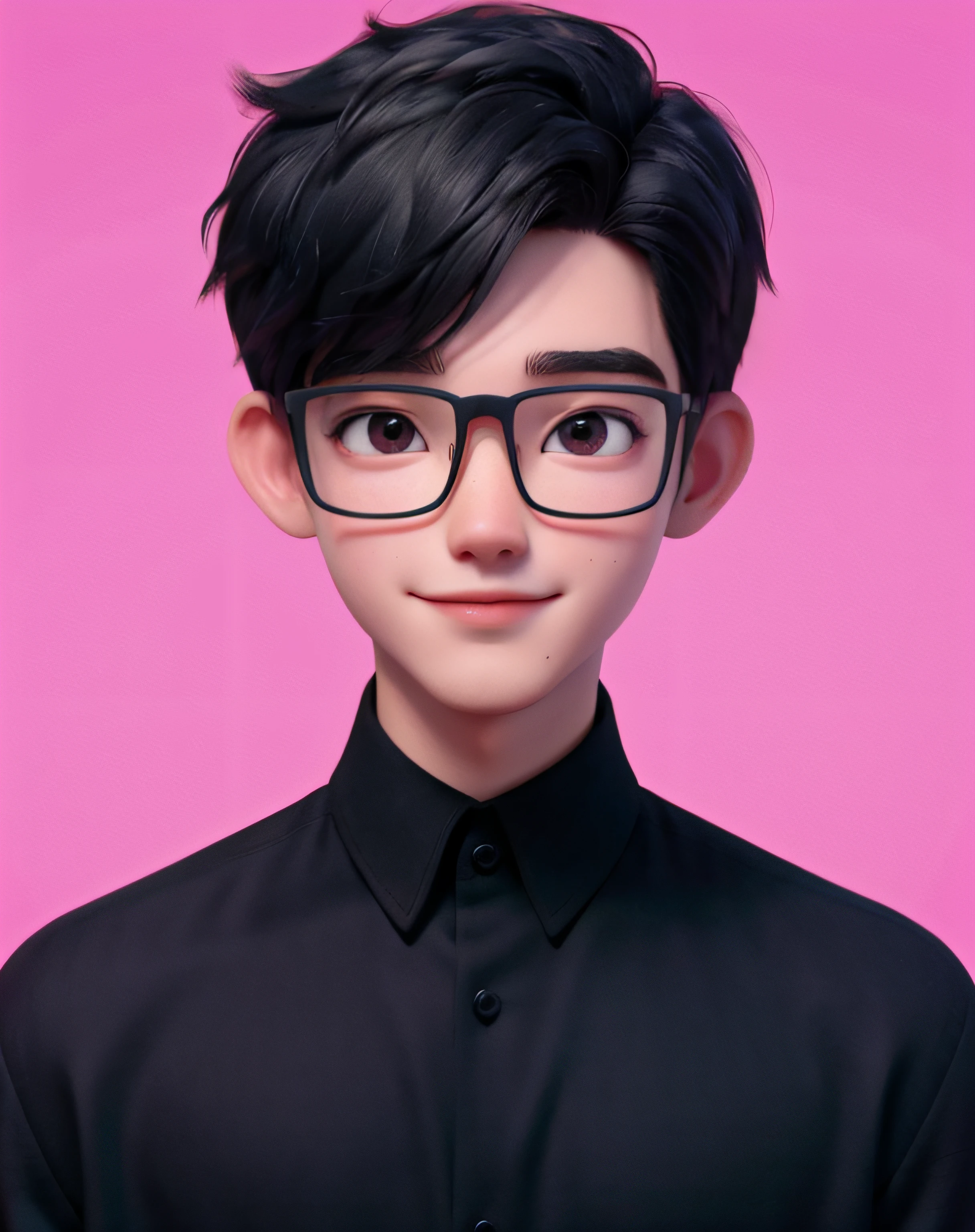 "Best quality, 1 boy and 1 man, ages 30, solo, cartoon 3D portrait, minimalist background, short black hair, pink lips, black shirt, black glasses, direct gaze."
