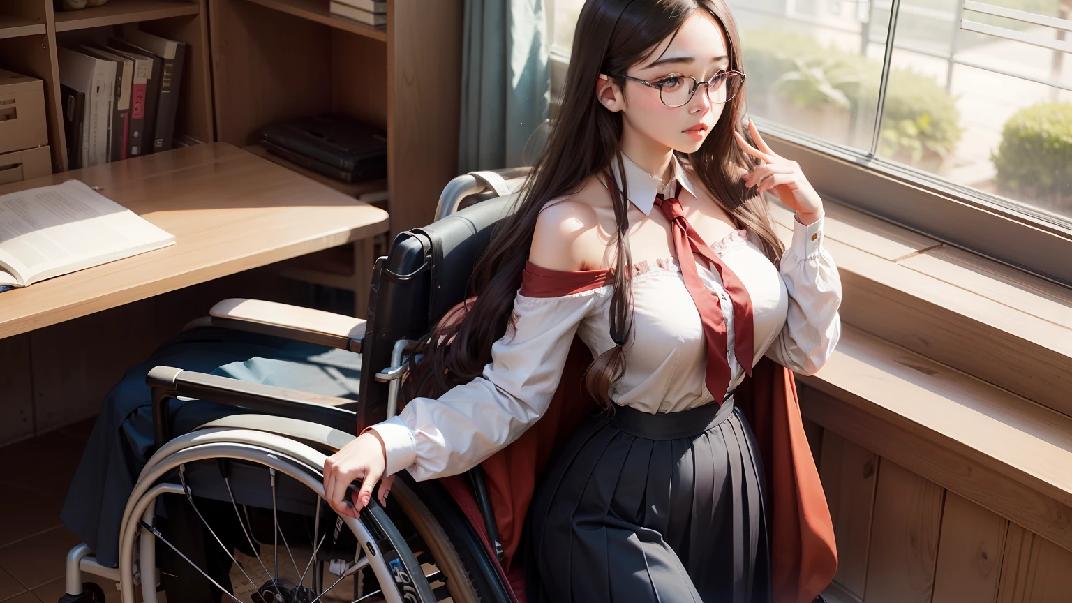 Super long hair shoulder out、long skirt、Colossal tits、 High school students、eye glasses、wheelchair