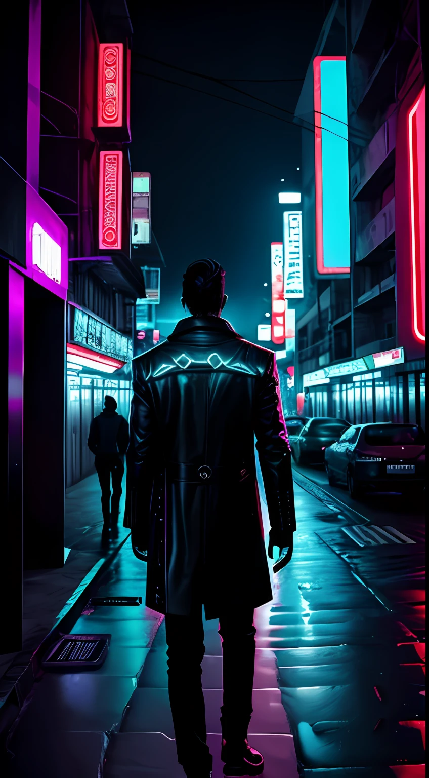 homem cyberpunk de costas, from the back, neon, cidade futurista, dramatic lighting, muitas pessoas andando na cidade neon futurista