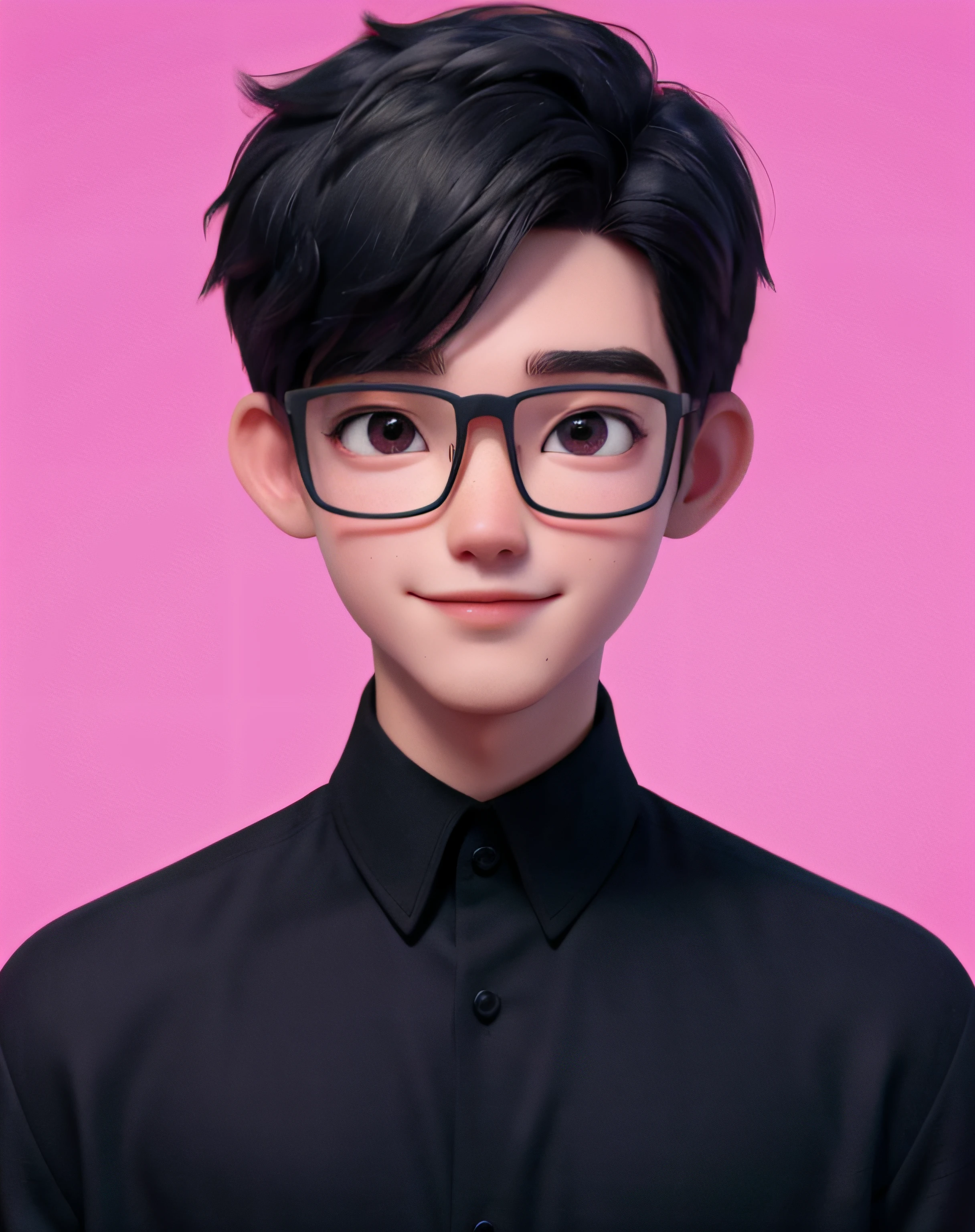 "Best quality, 1 boy and 1 man, ages 30, solo, cartoon 3D portrait, minimalist background, short black hair, pink lips, black shirt, black glasses, direct gaze."