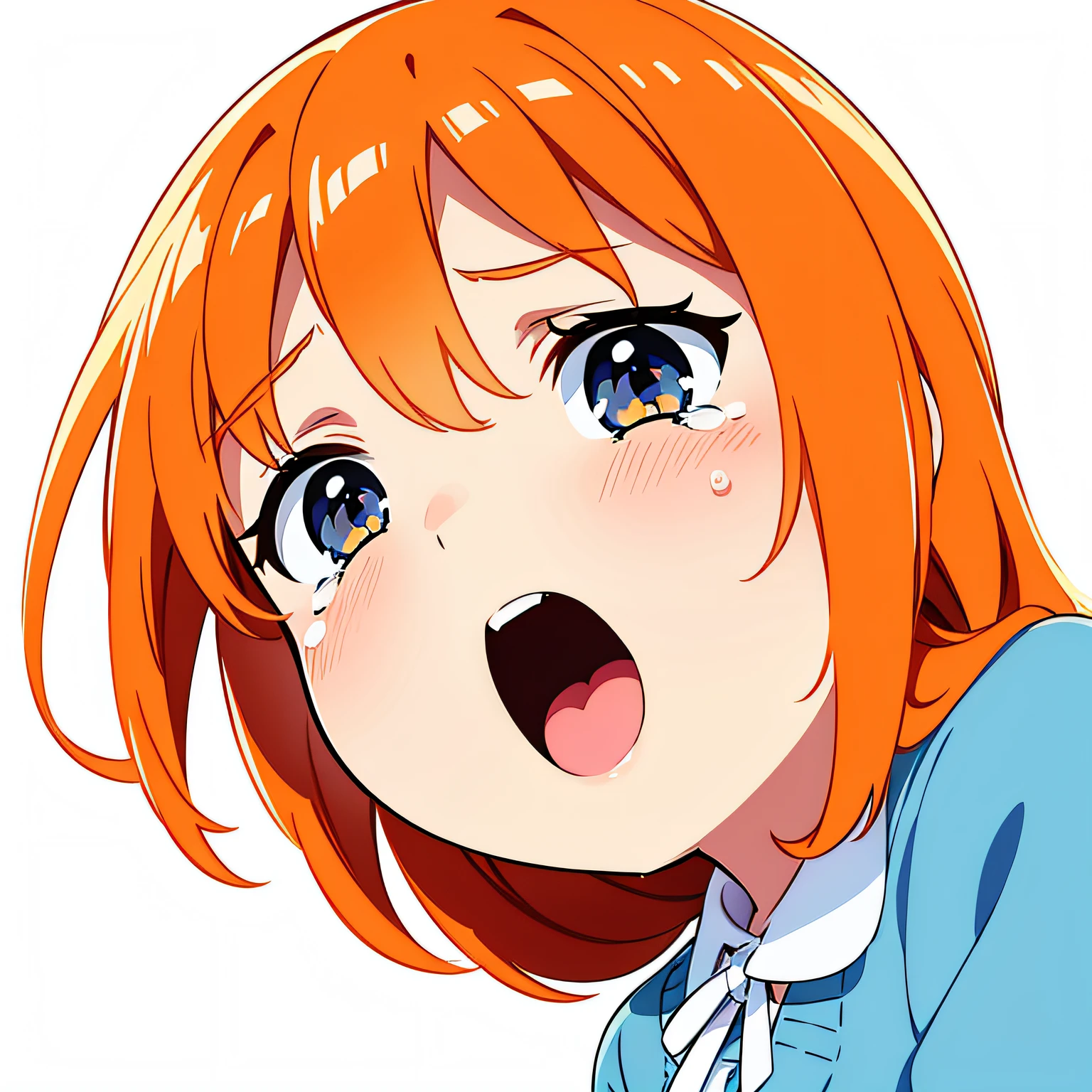 abstract illustration, natural color, low contrast, simple white background, best light, best shadow, beautiful illumination, best quality, masterpiece, simple structure, high resolution, 1girl, solo, from the left side, watch viewer, school uniform, cardigan, long orange hair, twin tail hair, white ribbon, watery eyes, crying face, Watery eyes, blush, small mouth,