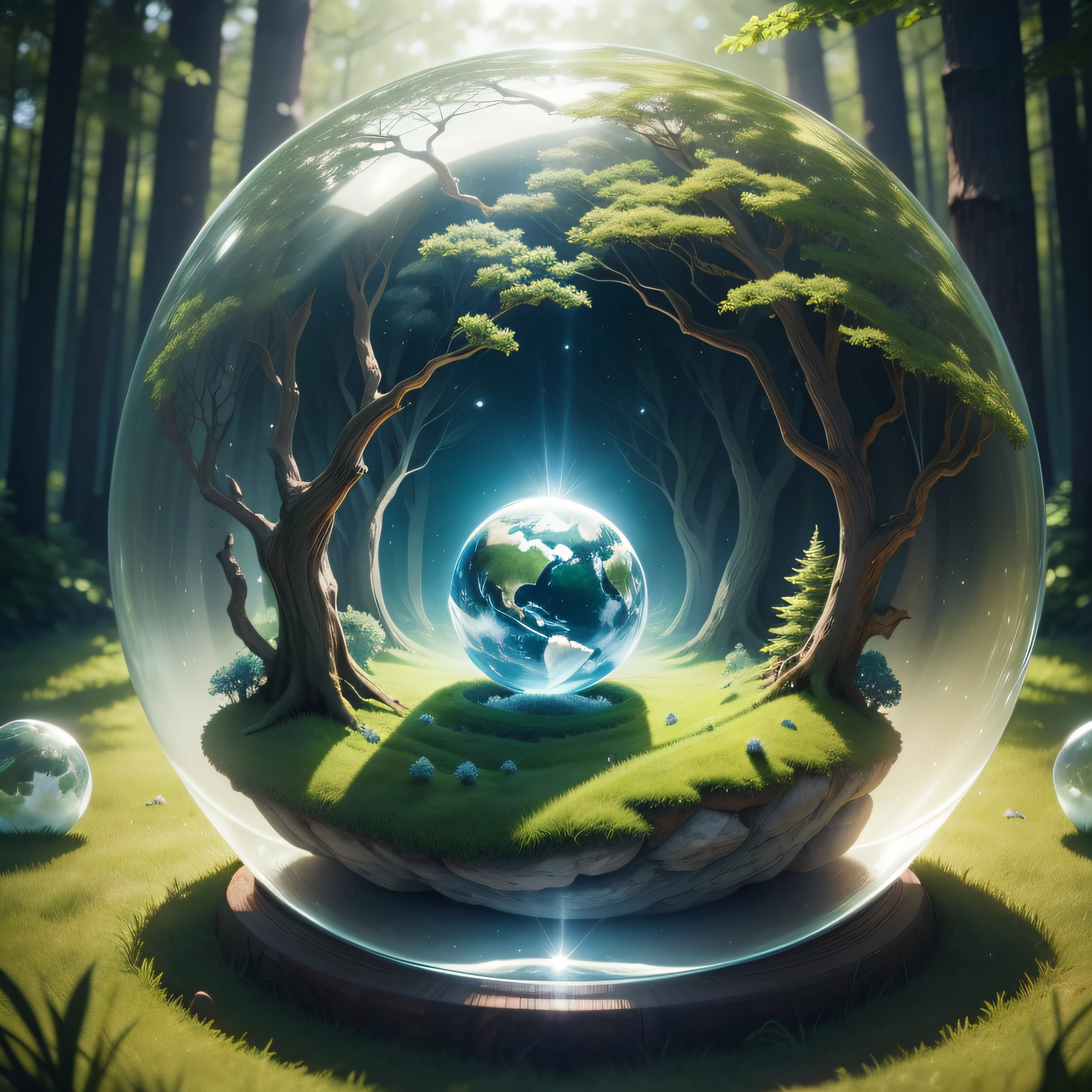 Crystal sphere symbolising the planet earth on a green forest bed. Concept of environment and sustainability