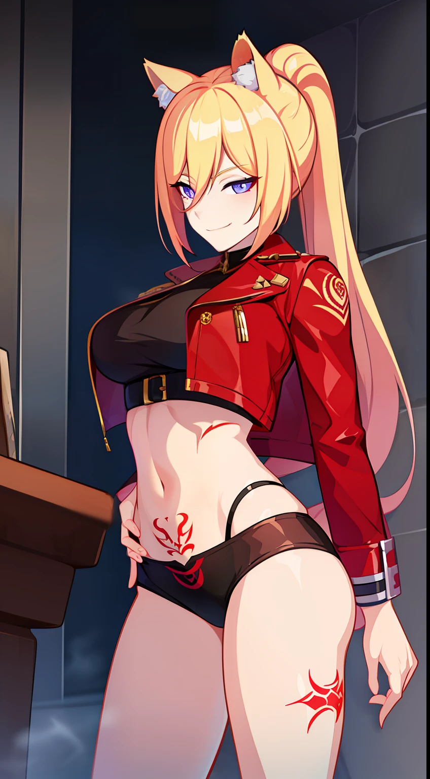 young girl, longue blonde hair, high ponytail, cat ears, violet eyes, red leather jacket, briefs, open belly, open breasts, tattoo, Scars, smirk, cigarette, Masterpiece, hiquality