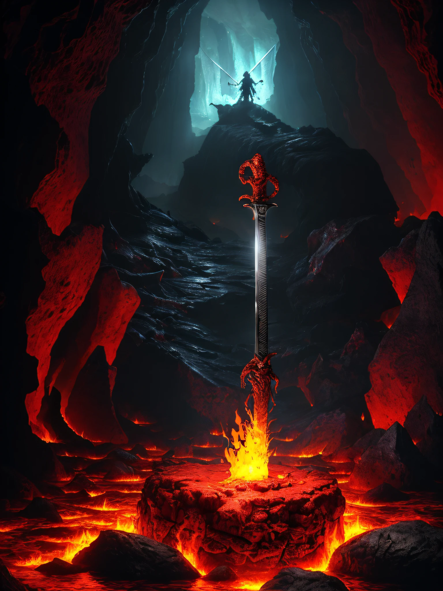 (extremely detailed 8k wallpaper), cinematic action, demonic sword in a rock in a lake of blood surrounded by a wall of fire in a cave, close up, night, horror lighting
