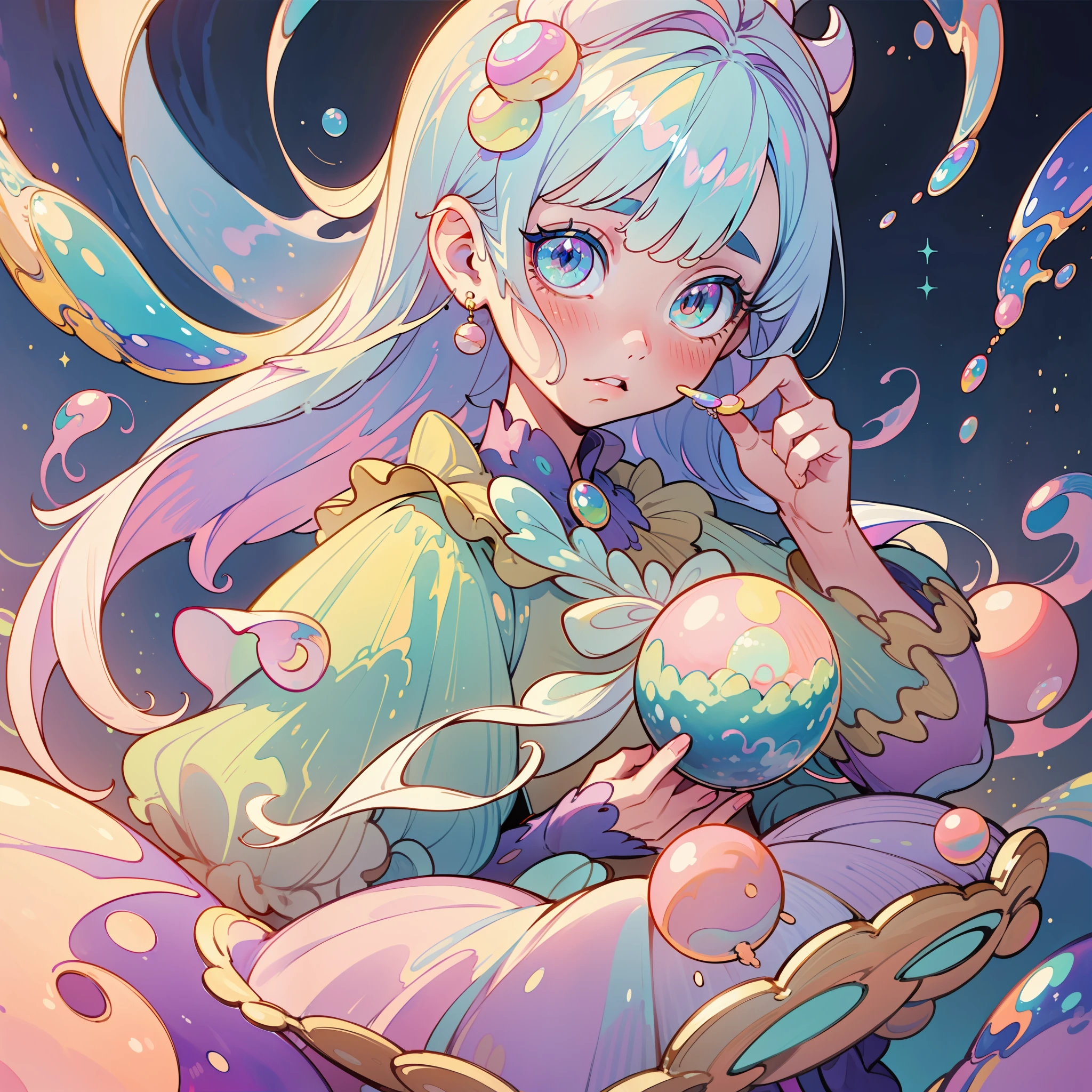 masterpiece, best quality, 8k resolution, sharp focus, intricate detail, beautiful girl, sparkling eyes, golden ratio face, otherworldly liquid, watercolor, ((pastel colors)), bright colors, whimsical, colorful, sharp focus, high resolution, fine detail, princess fantasy ballgown, ((round eyes)), iridescent bubbles, castle landscape in background