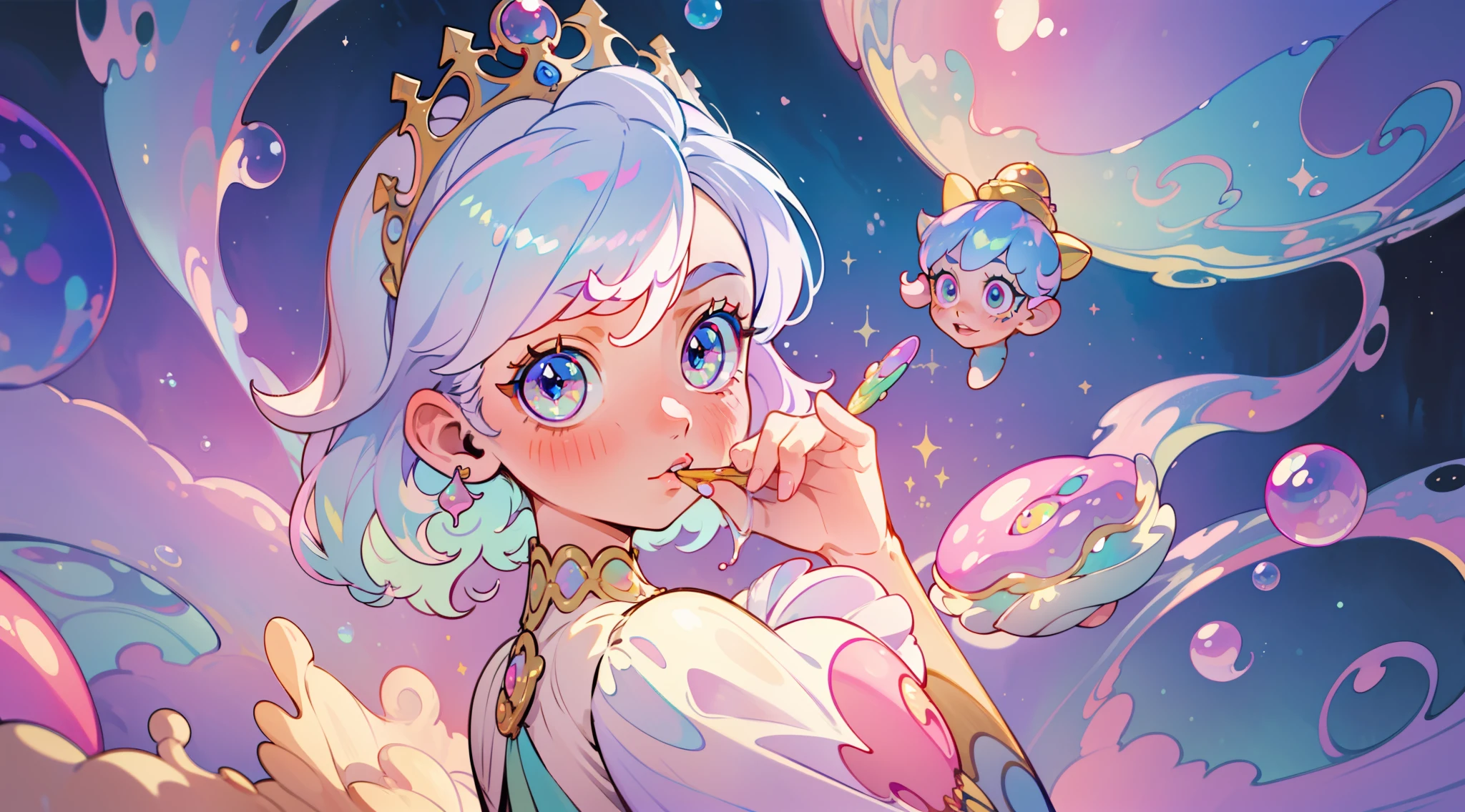 masterpiece, best quality, 8k resolution, sharp focus, intricate detail, beautiful girl, sparkling eyes, golden ratio face, otherworldly liquid, watercolor, ((pastel colors)), bright colors, whimsical, colorful, sharp focus, high resolution, fine detail, princess fantasy ballgown, ((round eyes)), iridescent bubbles, castle landscape in background