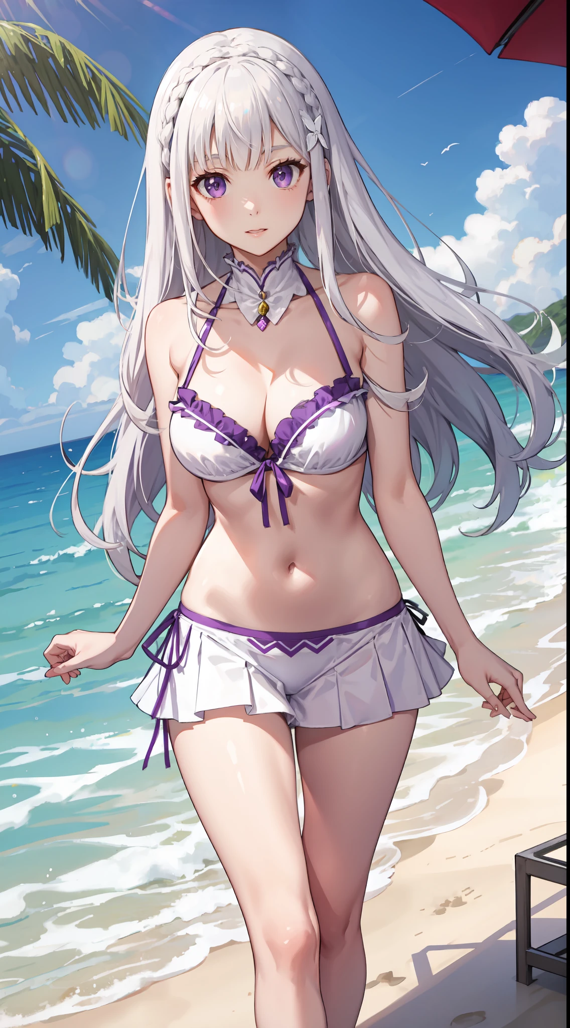 slim legs, cleavage, short skirt, navel, purple eyes, emilia, stand, White hair, long hair, side tie bikini, beach