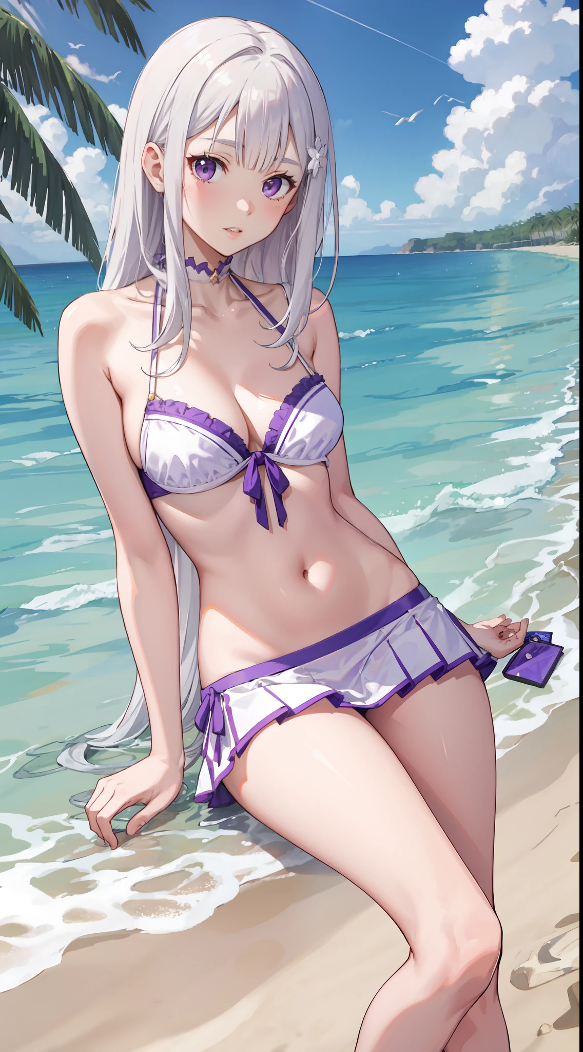 slim legs, cleavage, short skirt, navel, purple eyes, emilia, stand, White hair, long hair, side tie bikini, beach