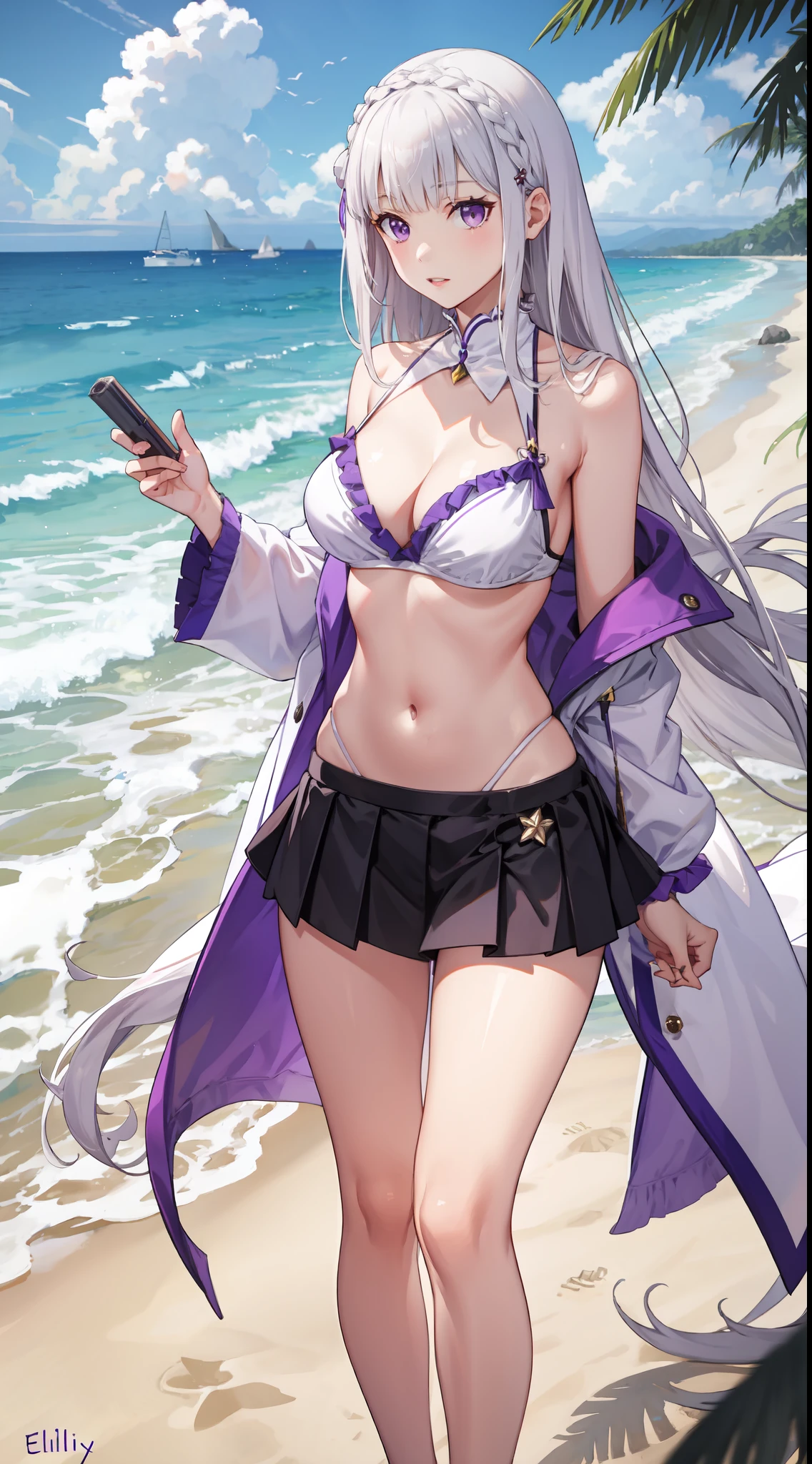 slim legs, cleavage, short skirt, navel, purple eyes, emilia, stand, White hair, long hair, side tie bikini, beach