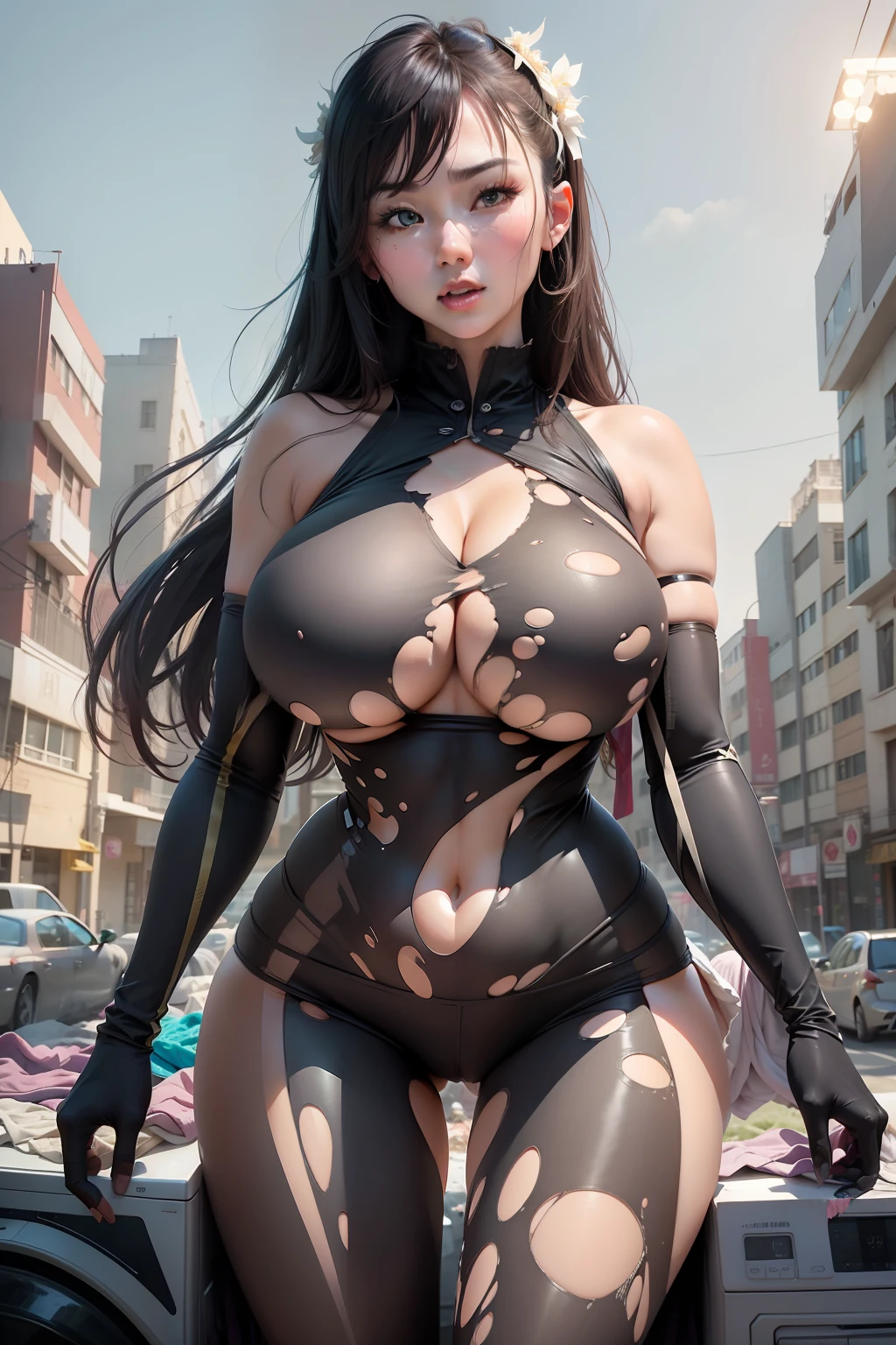 gigantic cleavage breasts，torn laundry，standing on your feet，Cleavage is seductive，exhilarated，areola of breast，At high temperatures，A MILF。did not wear panties，Smooth neck，No underwear，Tear pants，Underwear is torn，There are holes in the clothes，traces of    ，opening legs