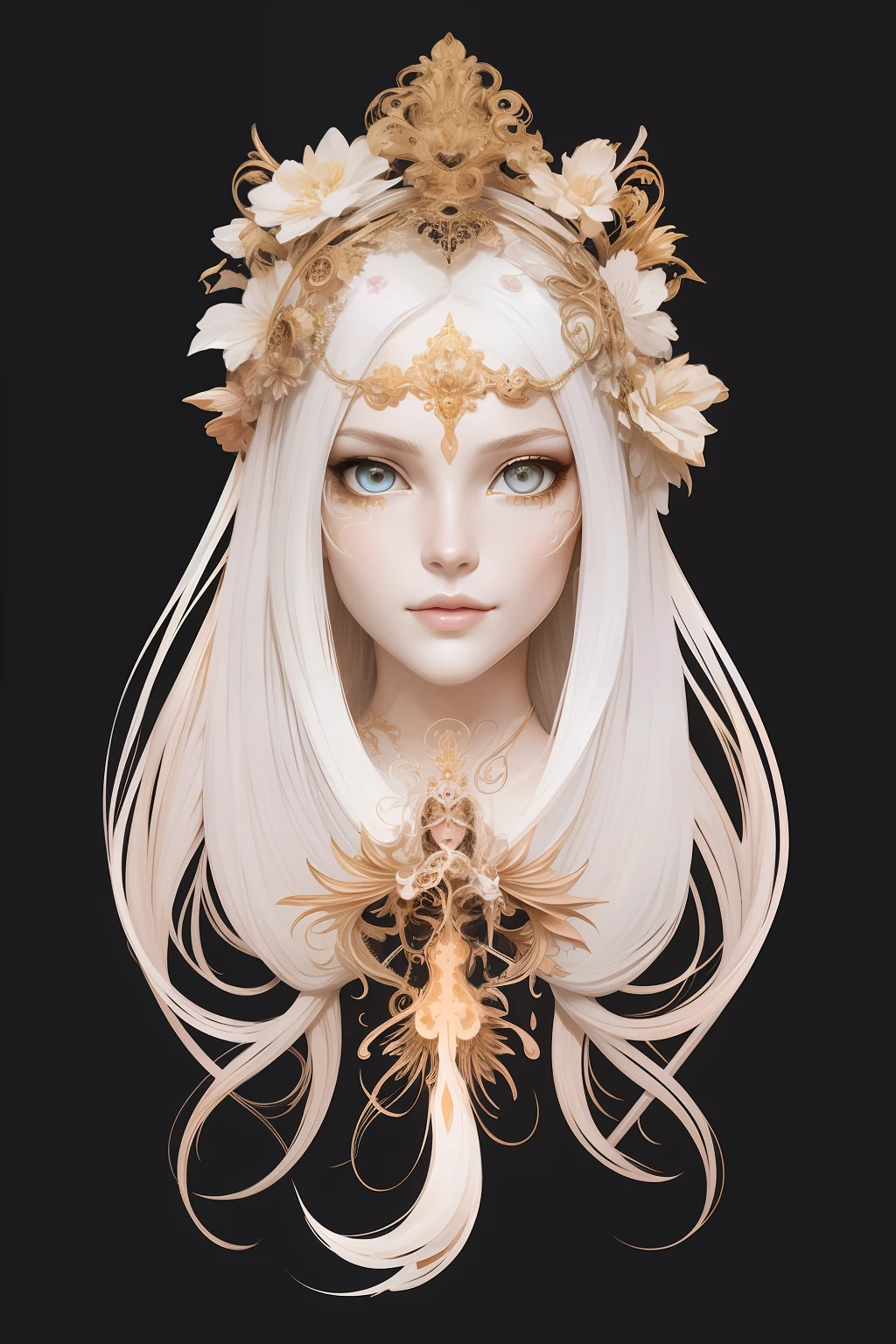 (analog style),(photorealistic:1.3), (skeleton like:0.4), ((female ornate princess)), (with white long flowing hair), (bright beautiful eyes), trending on artstation, flowers of hope by Jean-Honor Fragonard, Peter mohrbacher, hyper detailed, insane details, stunning, intricate, elite, art nouveau, ornate, liquid wax, elegant, luxury, Greg Rutkowski, ink style, sticker, vector-art beautiful character design, double exposure shot, luminous design, award winning, masterpiece, amoled black background, pale skin, subsurface scattering,