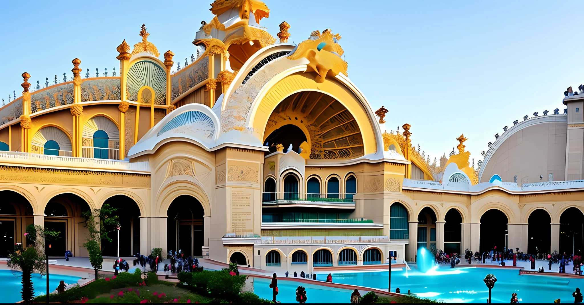 arafed view of a large building with a fountain and a clock tower, louis sullivan, art nouveau temple, 1910s architecture, from 1890, historical image, 1900s photo, historical photo, historic photo, 1 9 0 0's photo, stunning image, belle epoque, gustav moreau, art nouveau