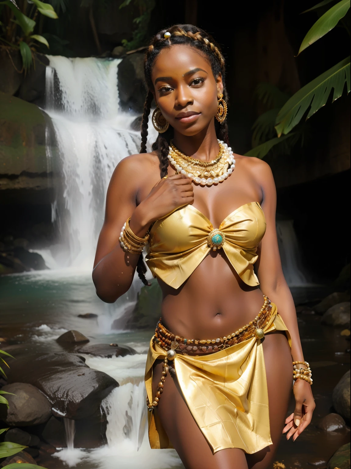 Orisha oxum, Candomblé costumes, Candomblé Skirt African Goddess, African accessories, Skirt with conch shells, cinto dourado, colares Zulu, Nigeria, inspirada em Hale Bailey, cachoeira, lilies, Afrofuturismo, misticismo, Cultura Africana, maquiagem tribal, Orisha oxum, com colar em torno do estilo africano, com seios nus adornados com pulseiras douradas;, saia longa dourada, belt with gold coins and whelks, braided hair and mirror in hand in a waterfall with white lilies on feet, holding golden mirror adorned with pearls and whelks