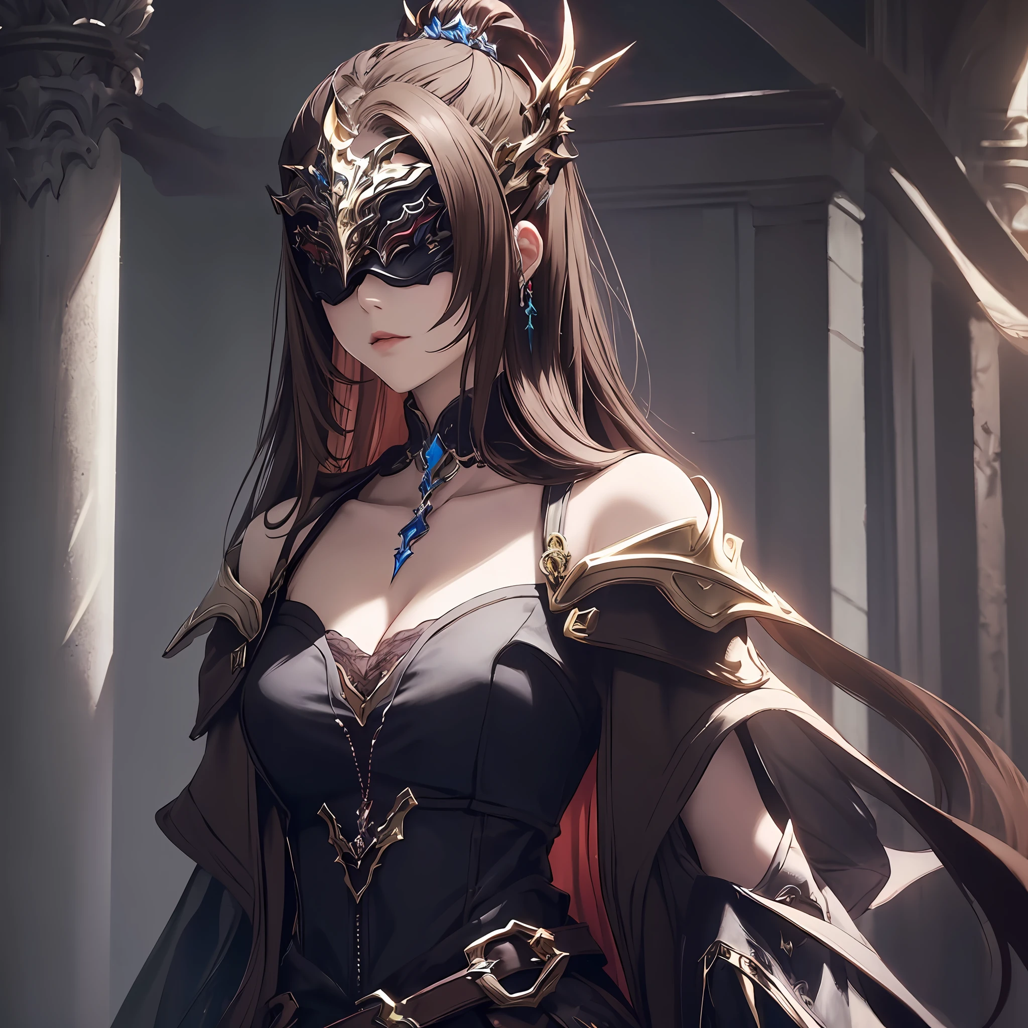 masterpiece, best quality, female, Fantasy aesthetics Highly detailed, shadowverse style, blind mask, dark brown hair