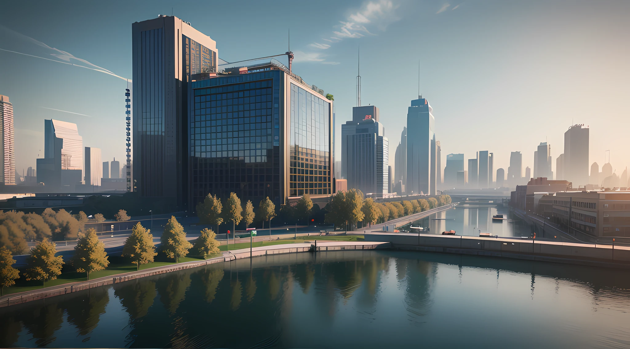 city center public park, modern landscape architectural design for industrialpunk, water in the middle, dramatic lighting and composition, octane render, unreal engine 5, 8k --ar 3:1