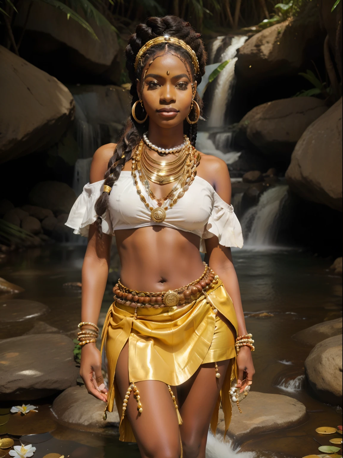Orisha oxum, Candomblé costumes, Candomblé Skirt African Goddess, African accessories, Skirt with conch shells, cinto dourado, colares Zulu, Nigeria, inspirada em Hale Bailey, cachoeira, lilies, Afrofuturismo, misticismo, Cultura Africana, maquiagem tribal, Orisha oxum, com colar em torno do estilo africano, com seios nus adornados com pulseiras douradas;, saia longa dourada, belt with gold coins and whelks, braided hair and mirror in hand in a waterfall with white lilies on feet, holding golden mirror adorned with pearls and whelks