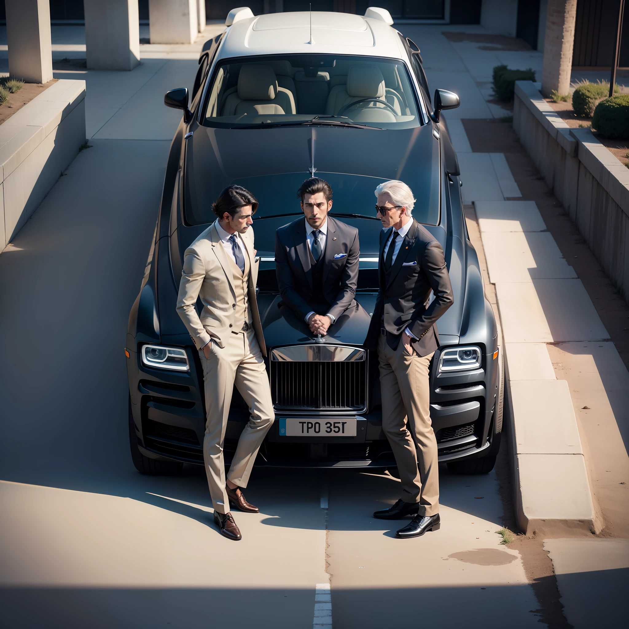 The three man's are stand on rolls royce car