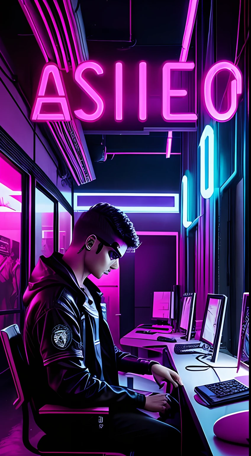 escola cyberpunk, aprender, jovens, faculdade neon futurista, alunos aprendendo neon