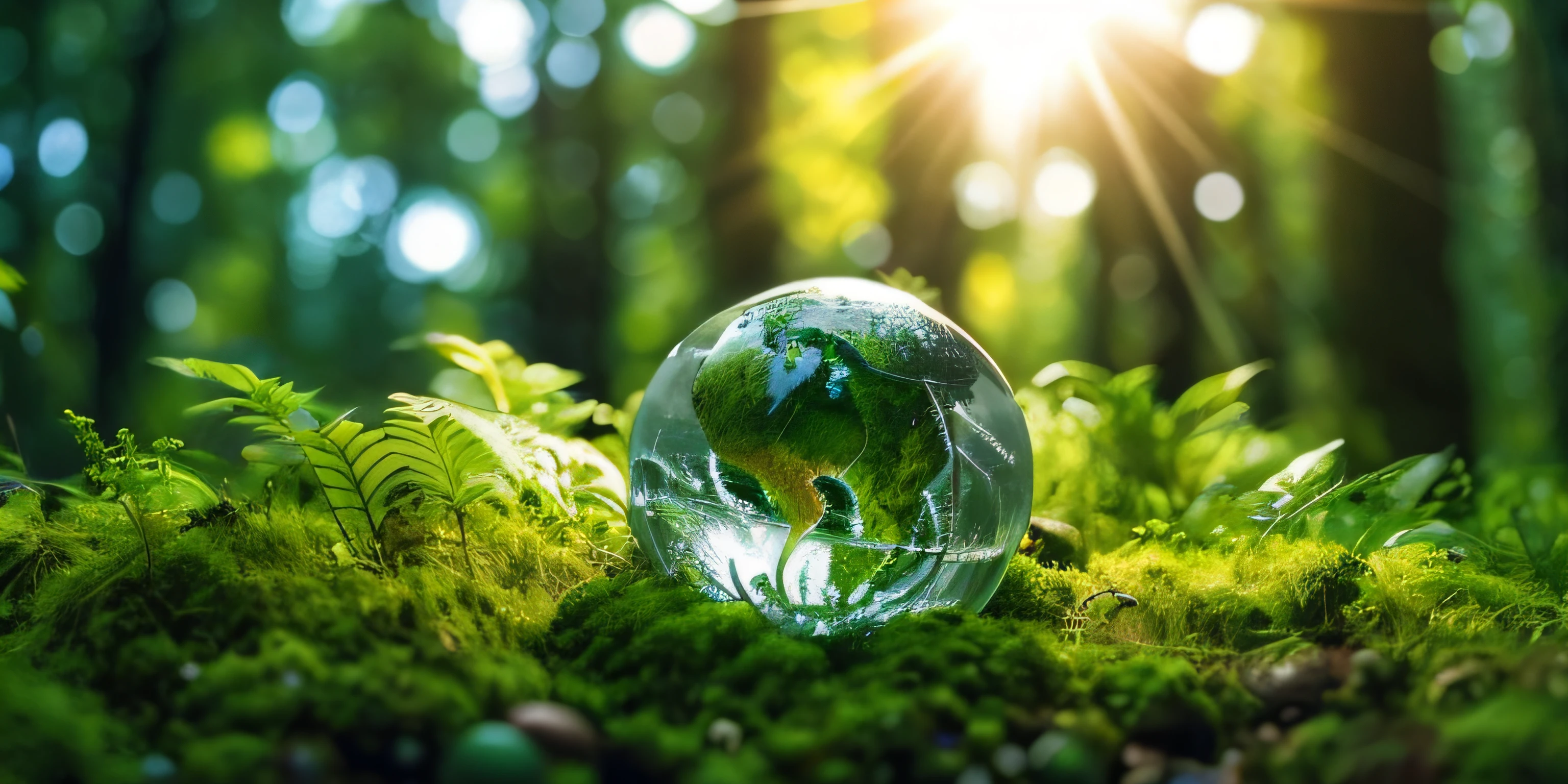 a close up of a glass globe sitting on top of a lush green forest, sustainability, sustainable materials, environmental, glass ball, glass sphere, natural environment, clean environment, environment friendly, sustainable, green world, mother earth, moss ball, earth outside, large environment, by Jakob Gauermann, our planet, earthy, earth in foreground, rich environment