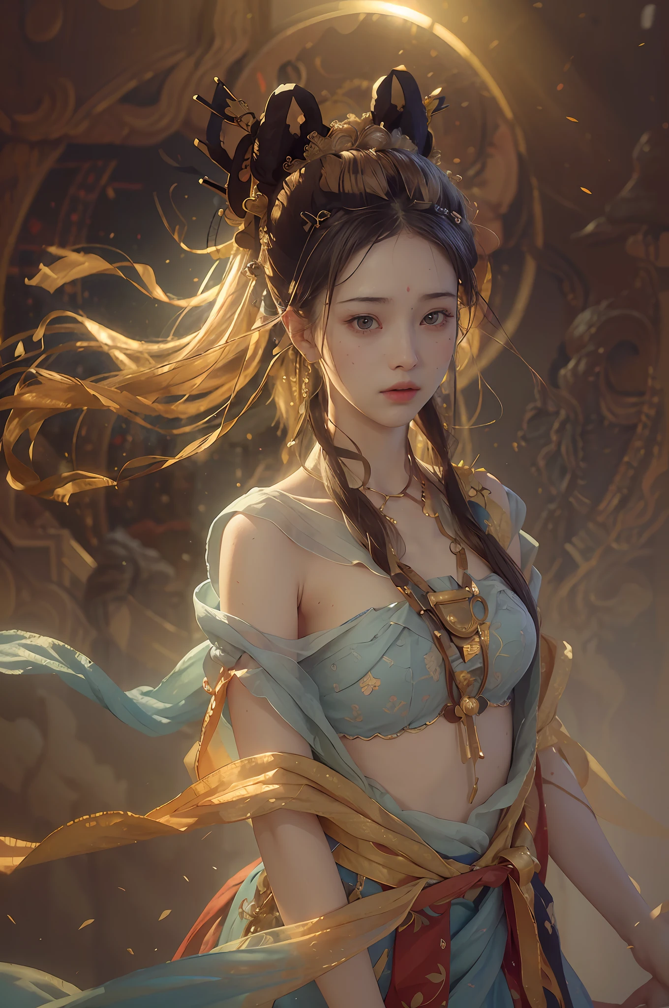 (RAW photo, best quality), (realistic, photo-realistic:1.3),best quality,highly detailed,masterpiece,ultra-detailed,illustration,1girl,upper_body,dynamic angle,world masterpiece theater,messy_long_hair,best quality,extremely detailed CG unity 8k wallpaper,ink,Amazing,cinematic lighting,lens_flare,,dunhuang_style